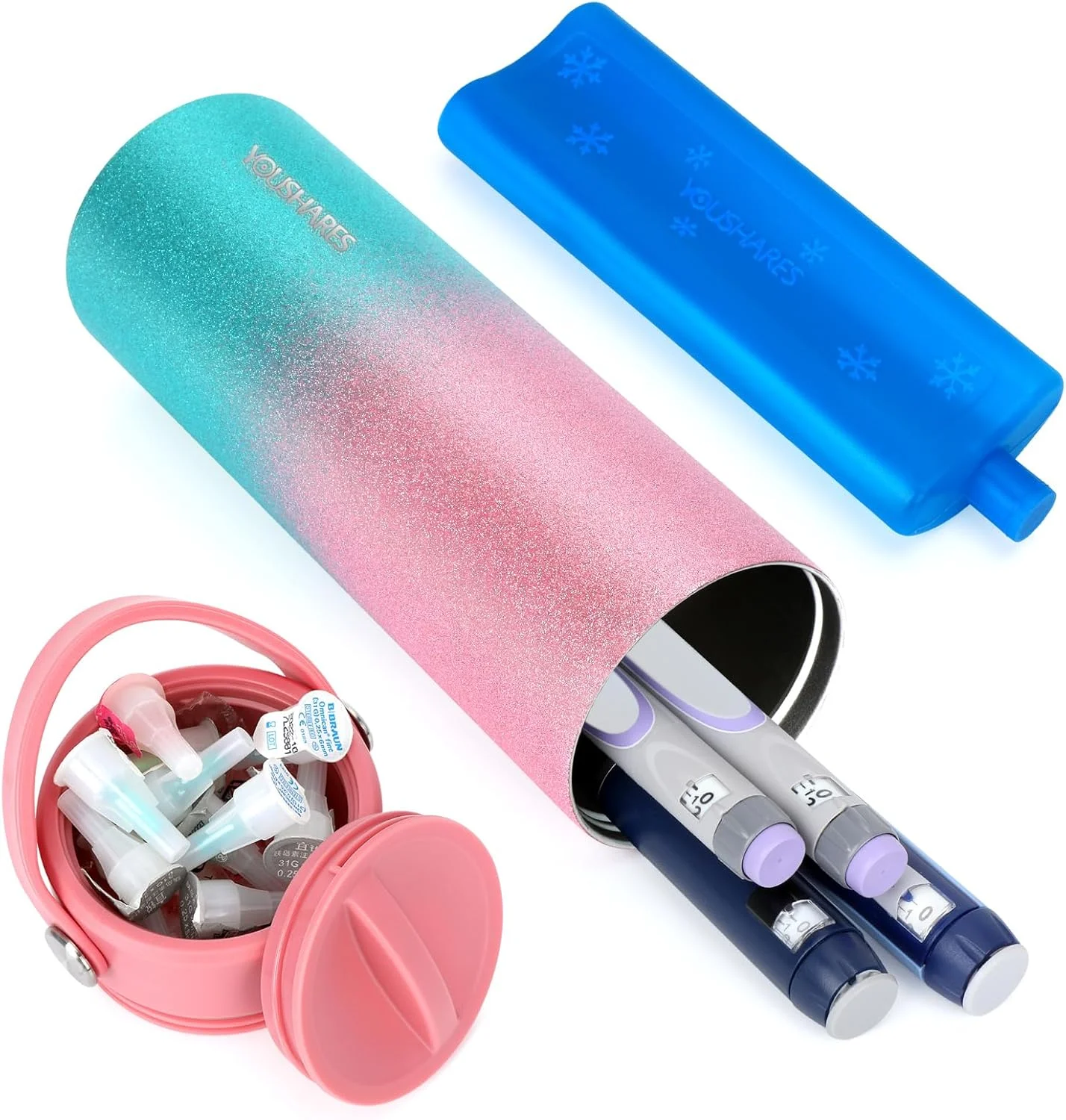 کیف خنک کننده انسولین 24 ساعته یوشیرز، کیف مسافرتی خنک کننده قلم انسولین برای 1 تا 5 قلم، خنک کننده دارو برای مسافرت با بسته یخ تایید شده TSA، بطری خنک کننده مسافرتی قابل حمل انسولین برای سفر طولانی (صورتی سبز)