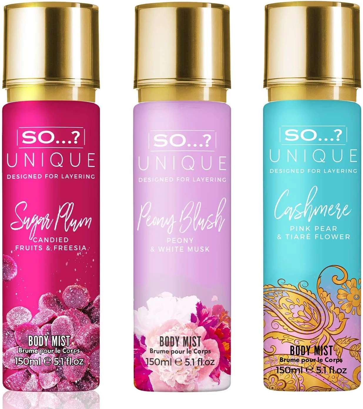 So…? Unique Womens Sweet Petals Bundle بسته اسپری بادی میست زنانه با رایحه های مختلف شوگر پلام، پیونی بلاش و کشمیر 150 میلی لیتر (بسته 3 عددی)