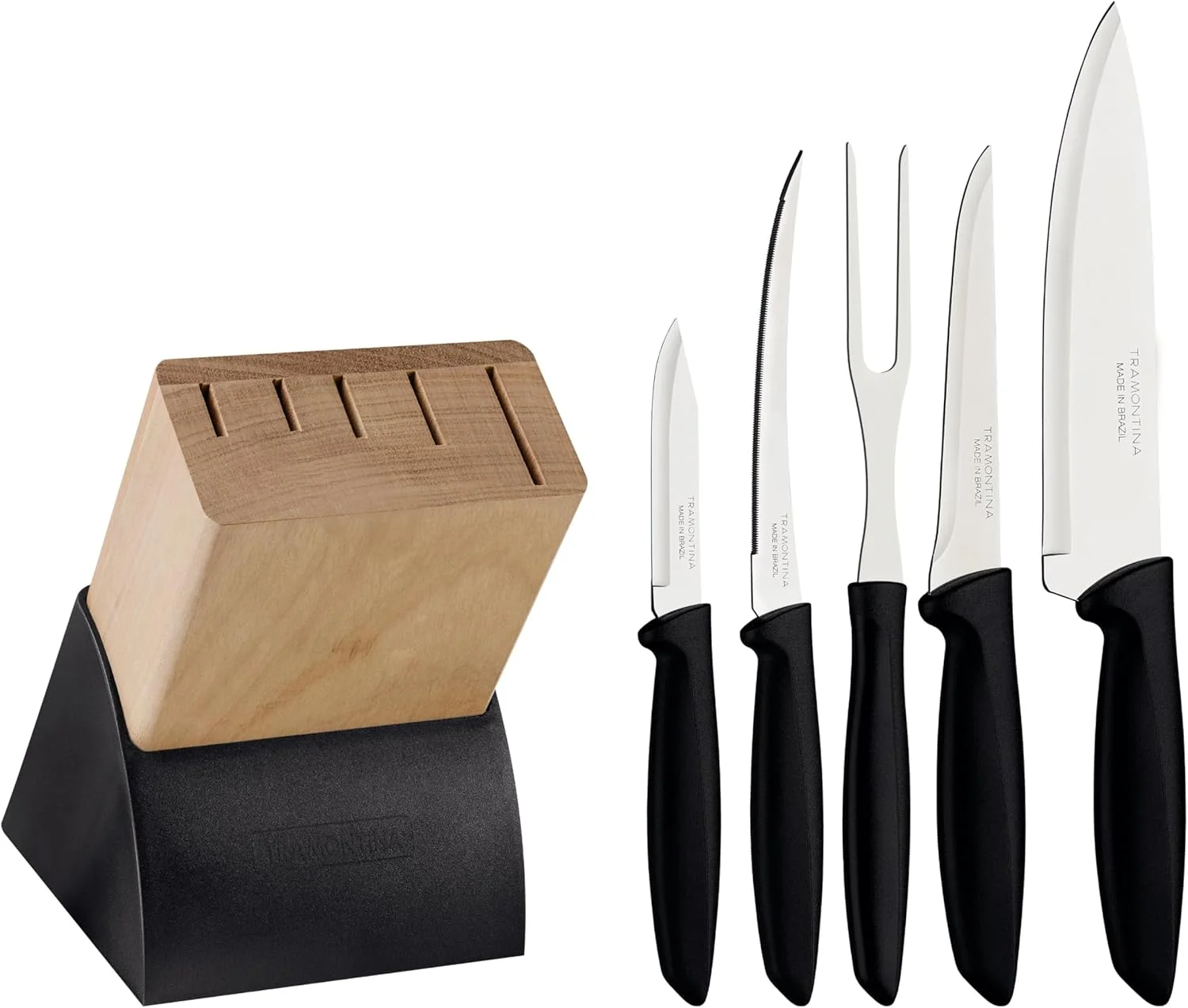 ست چاقو و استند 6 پارچه ترامونتینا مدل Plenus با تیغه استیل و دسته پلی پروپیلن مشکی