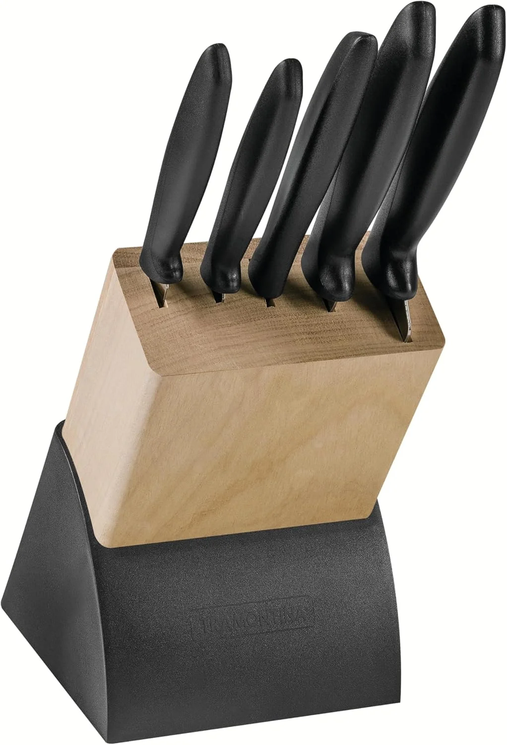 ست چاقو و استند 6 پارچه ترامونتینا مدل Plenus با تیغه استیل و دسته پلی پروپیلن مشکی