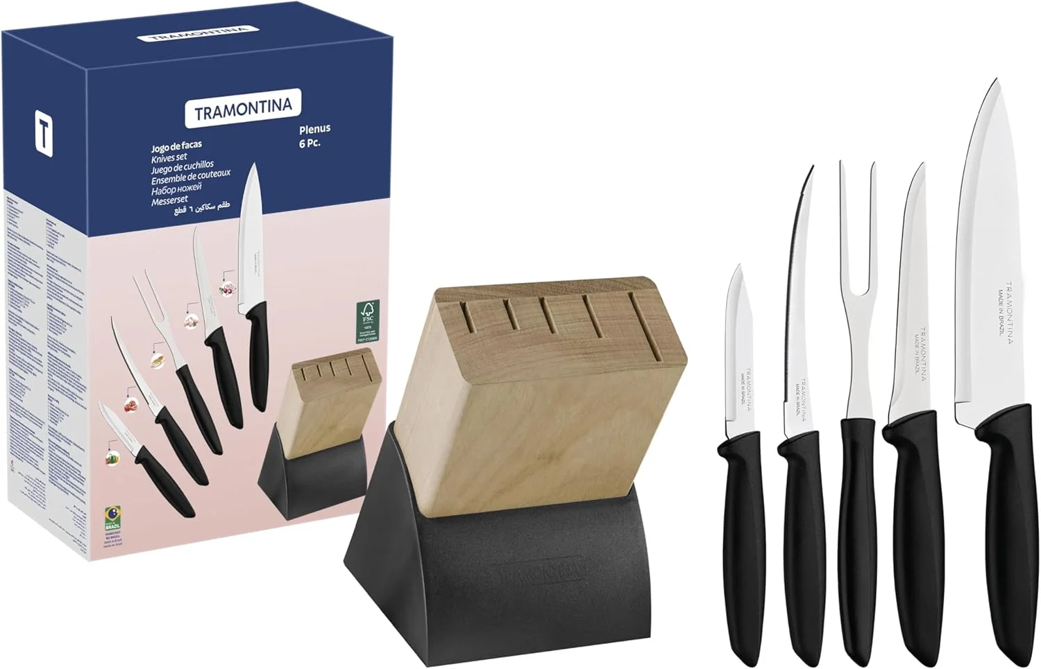ست چاقو و استند 6 پارچه ترامونتینا مدل Plenus با تیغه استیل و دسته پلی پروپیلن مشکی