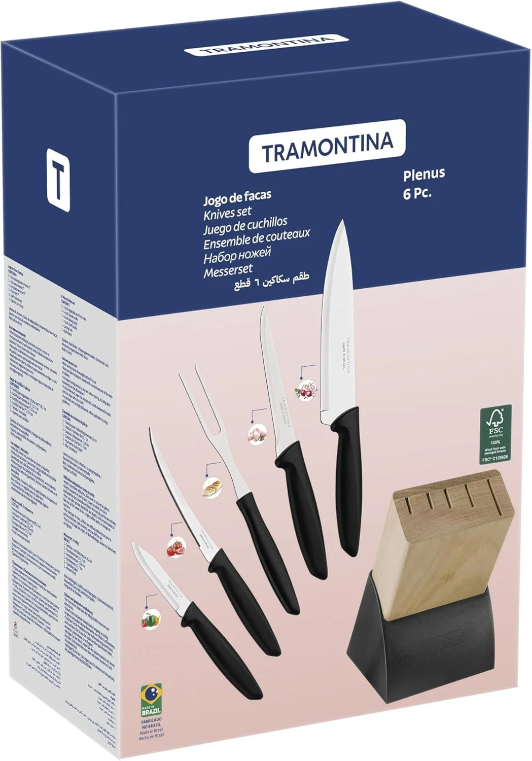ست چاقو و استند 6 پارچه ترامونتینا مدل Plenus با تیغه استیل و دسته پلی پروپیلن مشکی