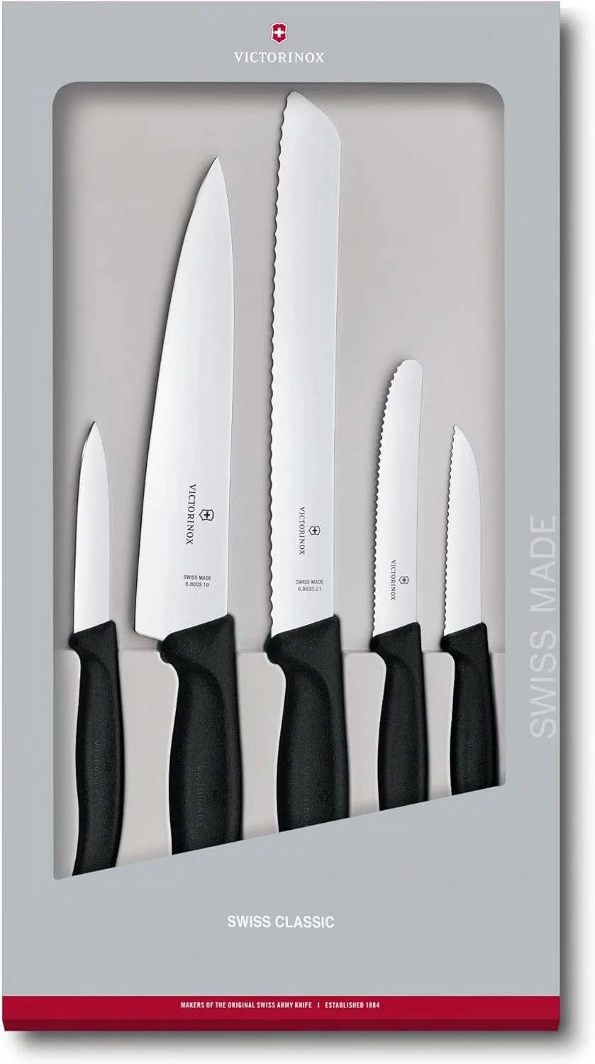 ست چاقوی آشپزخانه 5 تکه Victorinox Swiss Classic - پوست کن، کاربردی، حکاکی، چاقوهای نان - مشکی