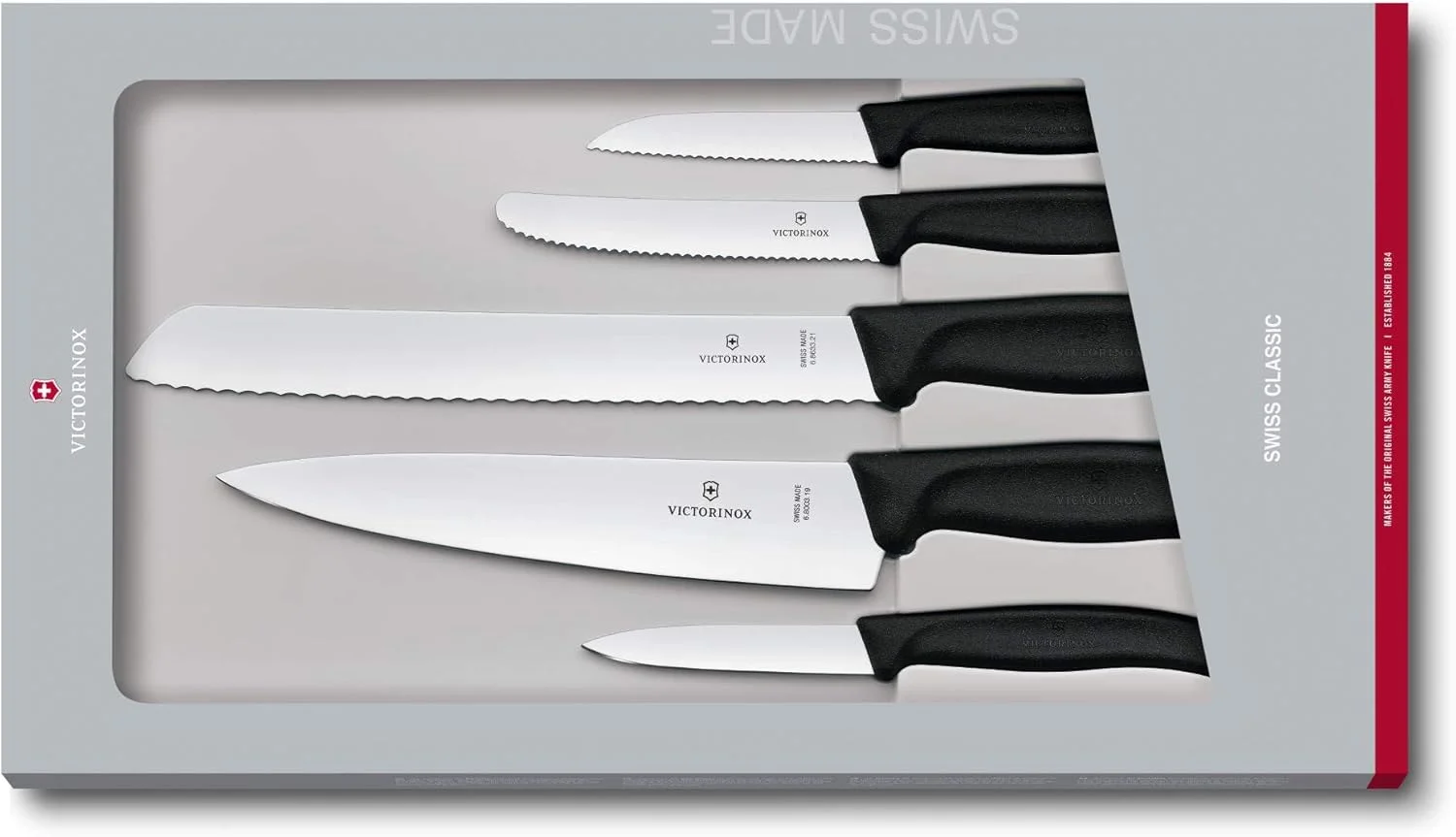 ست چاقوی آشپزخانه 5 تکه Victorinox Swiss Classic - پوست کن، کاربردی، حکاکی، چاقوهای نان - مشکی ست چاقوی آشپزخانه 5 تکه Victorinox Swiss Classic - پوست کن، کاربردی، حکاکی، چاقوهای نان - مشکی