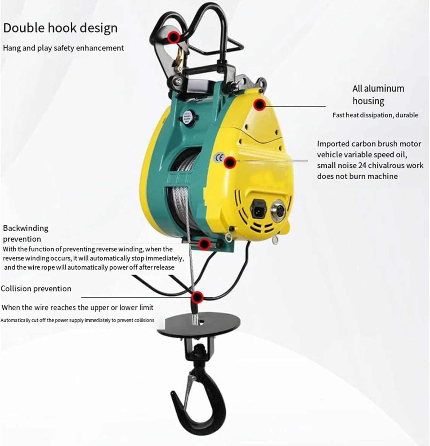 بالابر برقی دو سوراخه Y-XHXYZ با ظرفیت 160 کیلوگرم و طول سیم 30 متر، 220 ولت، معلق، قابل حمل، جرثقیل خانگی سریع ساخت و ساز، موتور براشلس مسی، 230 کیلوگرم 30 متر
