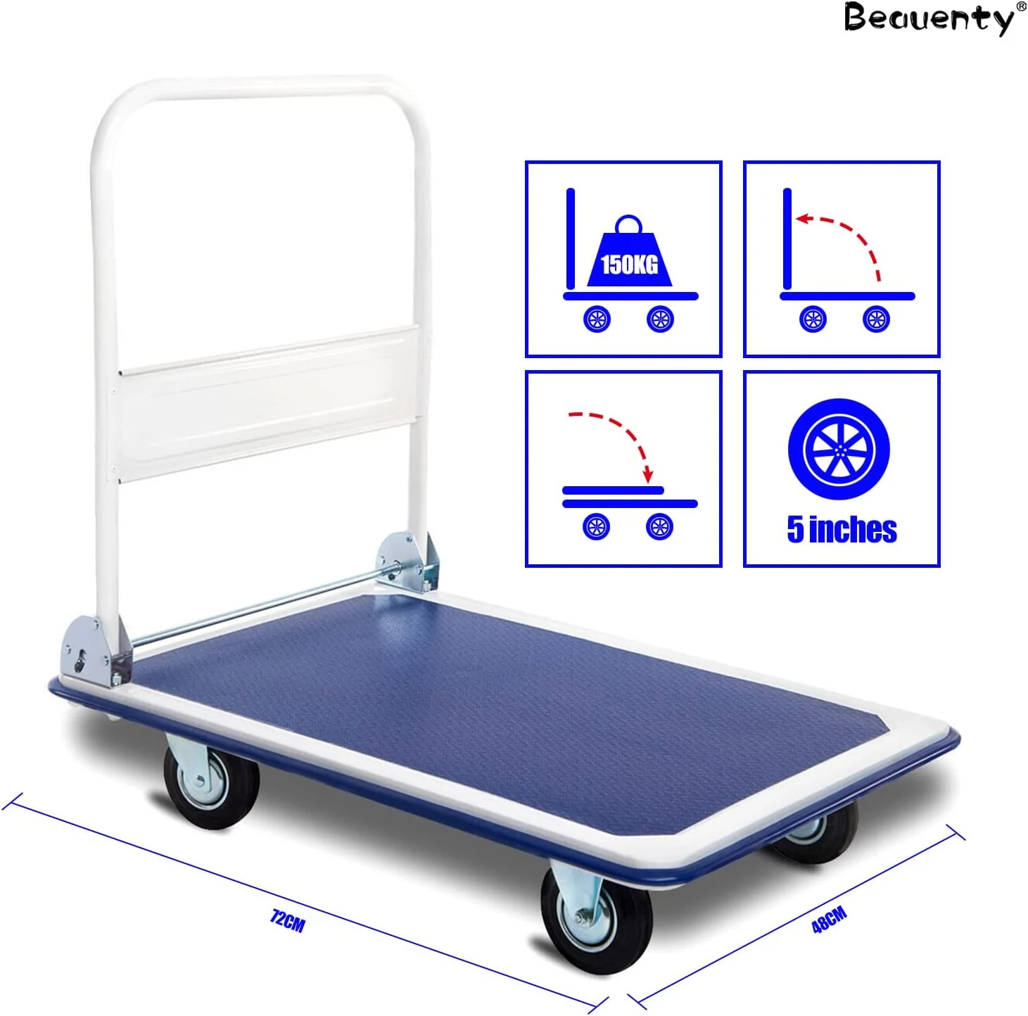 چرخ دستی حمل بار Beauenty، چرخ دستی متحرک سکویی، گاری تخت سنگین، گاری تاشو برای بارگیری و نگهداری، چرخ های چرخشی 360 درجه، ظرفیت وزن 300 کیلوگرم (مدل 2)