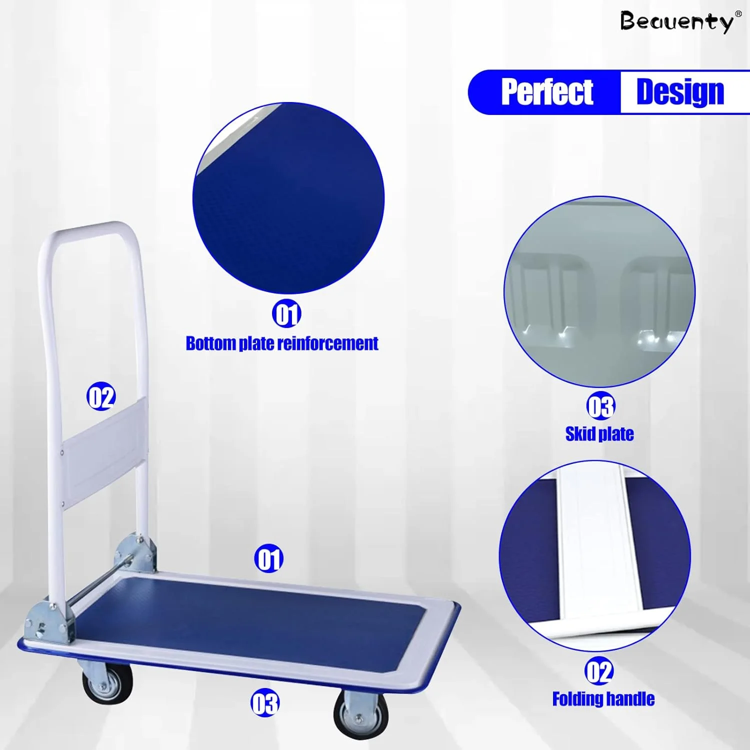 چرخ دستی حمل بار Beauenty، چرخ دستی متحرک سکویی، گاری تخت سنگین، گاری تاشو برای بارگیری و نگهداری، چرخ های چرخشی 360 درجه، ظرفیت وزن 300 کیلوگرم (مدل 2)
