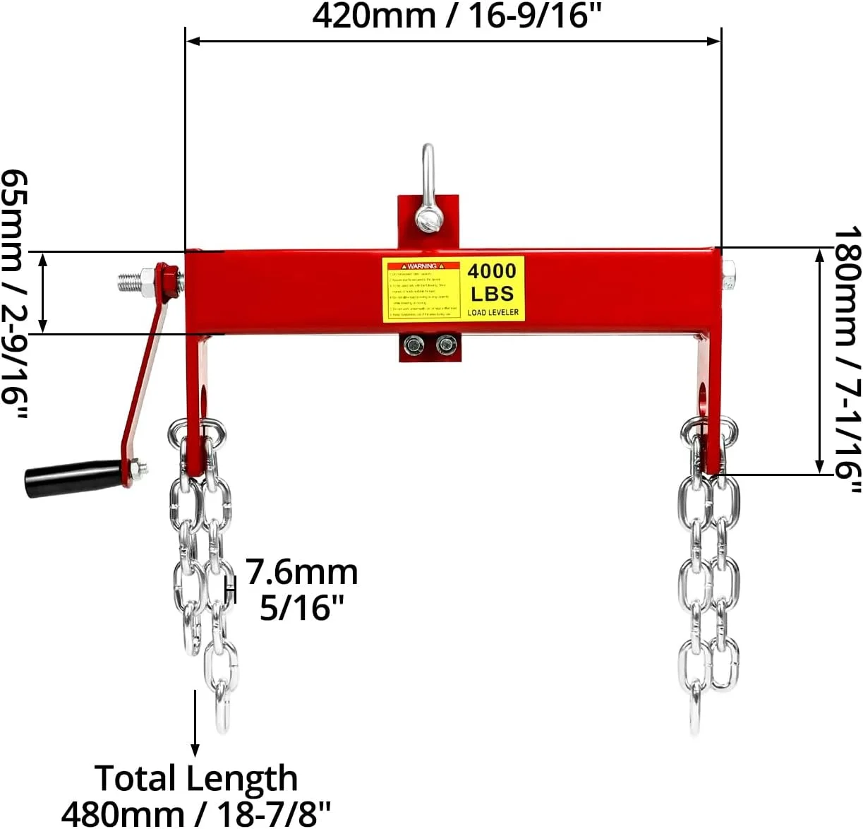 تراز کننده بار موتور QWORK، ظرفیت بار 4000 پوند، تراز کننده بالابر موتور فولادی سنگین، جرثقیل کارگاهی، بالابر گیلاس چین با 2 زنجیر، قرمز