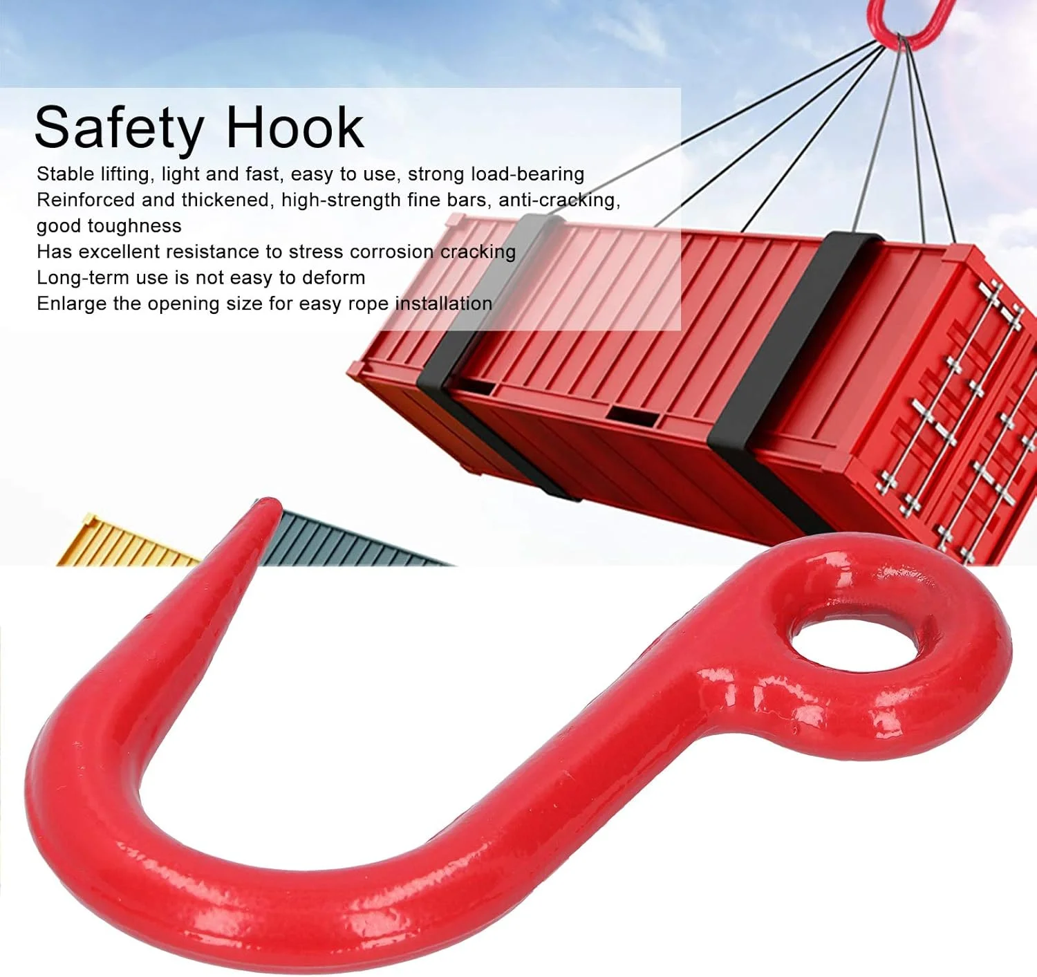 قلاب جرثقیل، قلاب ایمنی فولادی آلیاژی با چشمی، لوازم صنعتی قلاب بالابر، ظرفیت باربری 1 تن، برای کارخانه ها، حمل و نقل بندری، مهندسی ساخت و ساز، جابجایی تجهیزات، قرمز