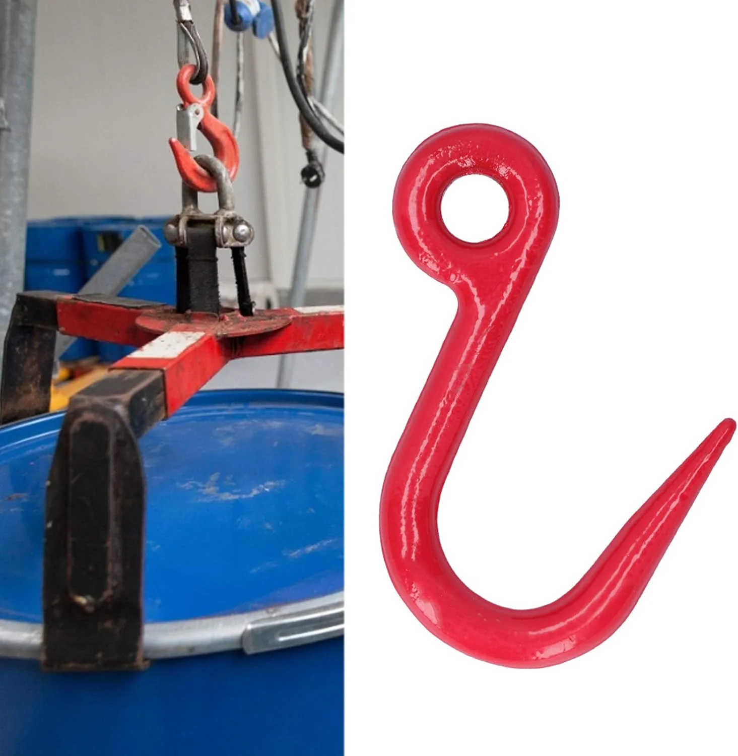 قلاب جرثقیل، قلاب ایمنی فولادی آلیاژی با چشمی، لوازم صنعتی قلاب بالابر، ظرفیت باربری 1 تن، برای کارخانه ها، حمل و نقل بندری، مهندسی ساخت و ساز، جابجایی تجهیزات، قرمز