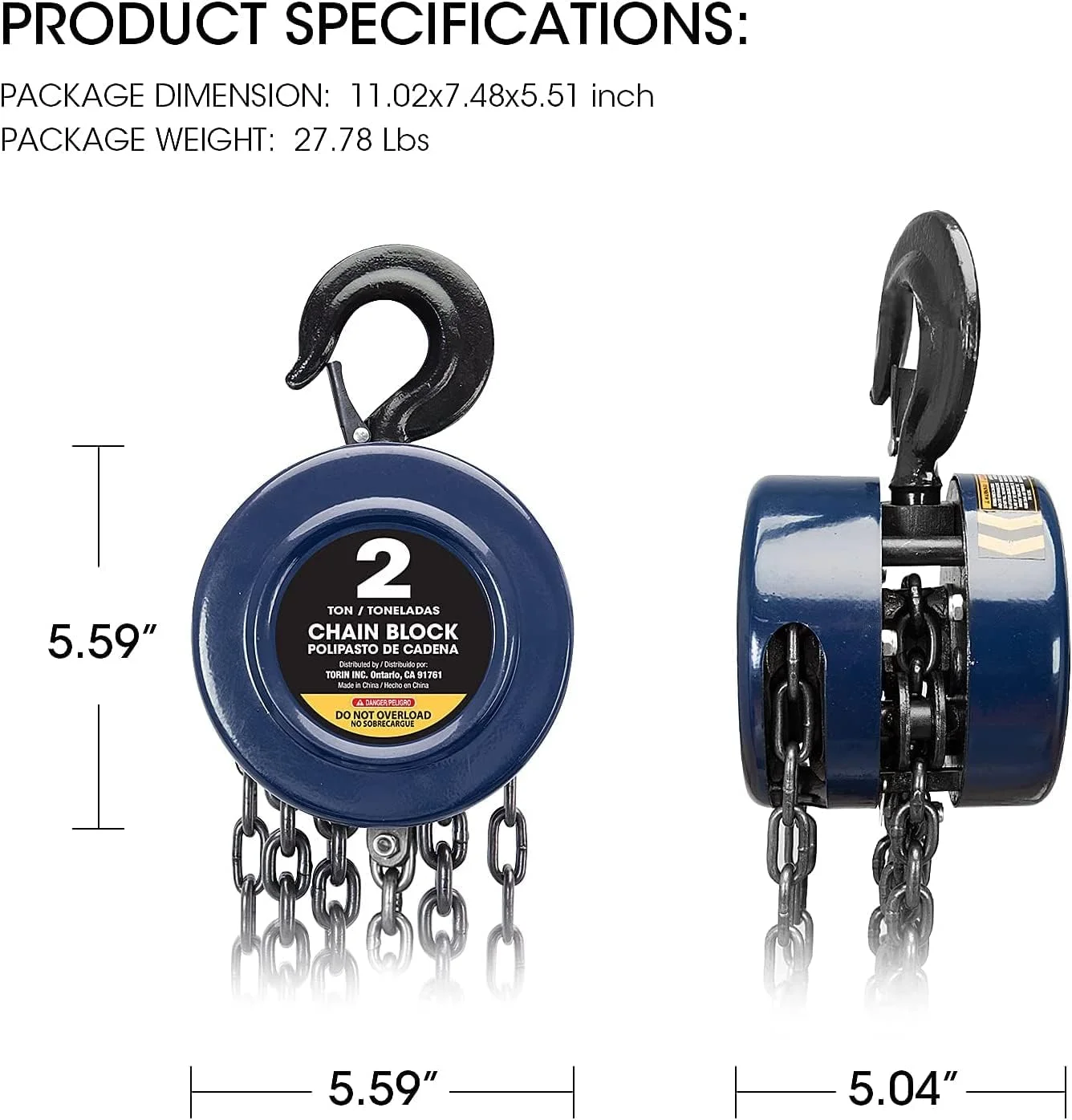 بالابر زنجیری دستی BIG RED ATR9020UR با 2 قلاب، ظرفیت 2 تن (4000 پوند)، آبی