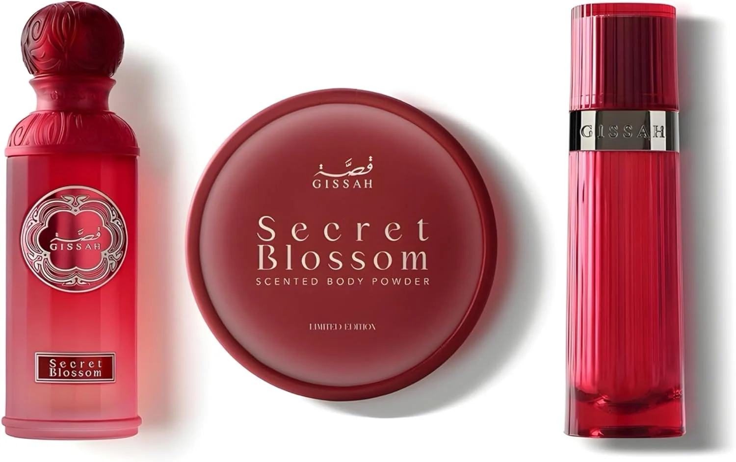 مجموعه عطر زنانه گیساه نیو سکرت بلاسم | سکرت بلاسم 50 میل ادو پرفیوم + 10 گرم پودر بدن + خمریه 20 میل | عطور قصه بکج نسائی جدید الاحمر للنساء مجموعة عطر قصة