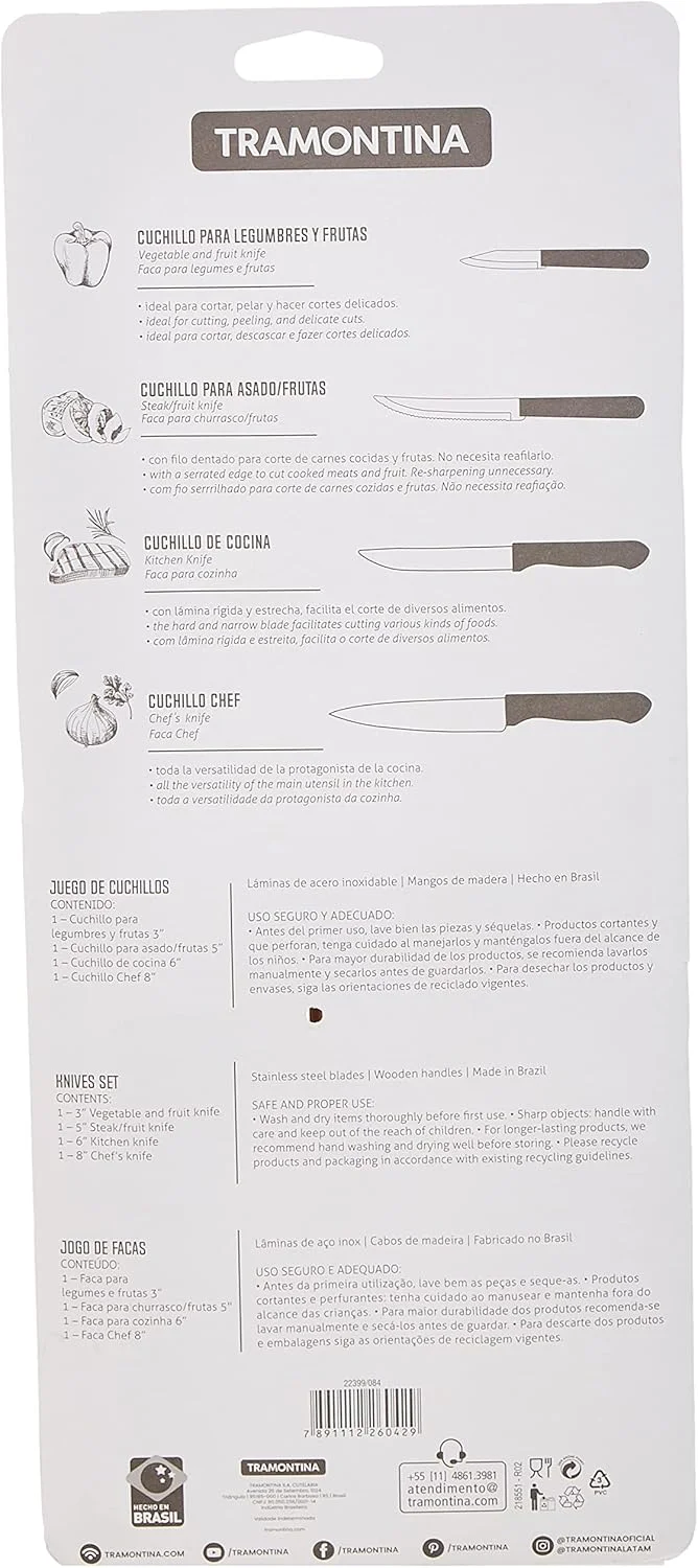 ست چاقوی 4 تکه ترامونتینا مدل Dynamic با تیغه استیل و دسته چوبی طبیعی ست چاقوی 4 تکه ترامونتینا مدل Dynamic با تیغه استیل و دسته چوبی طبیعی