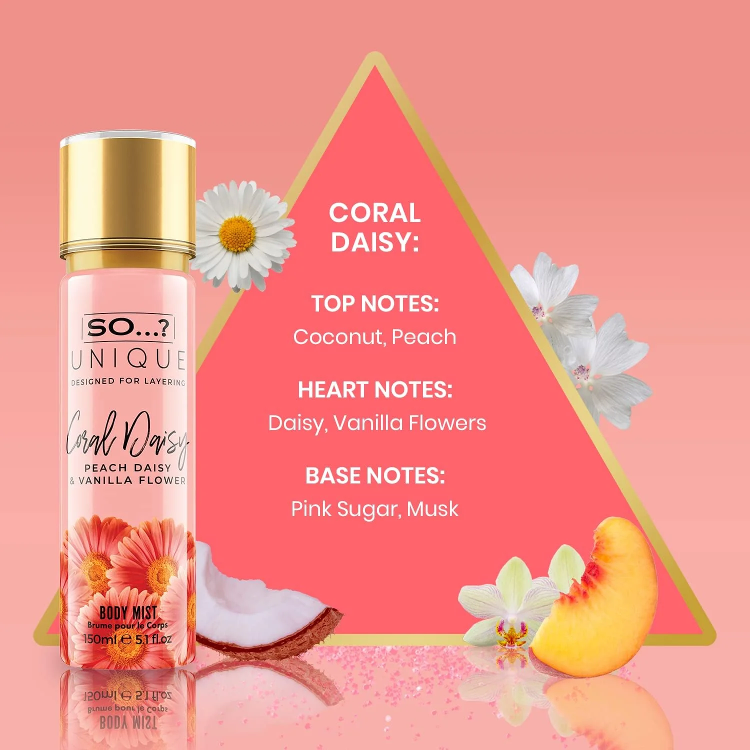 بادی میست زنانه So...? Unique Coral Daisy | رایحه گلی شاداب و تازه | اسپری خوشبو کننده با ماندگاری طولانی و طراوت بخش | مناسب برای استفاده روزانه و لحظات نشاط آور 150 میلی لیتر بادی میست زنانه So...? Unique Coral Daisy | رایحه گلی شاداب و تازه | اسپری خوشبو کننده با ماندگاری طولانی و طراوت بخش | مناسب برای استفاده روزانه و لحظات نشاط آور 150 میلی لیتر