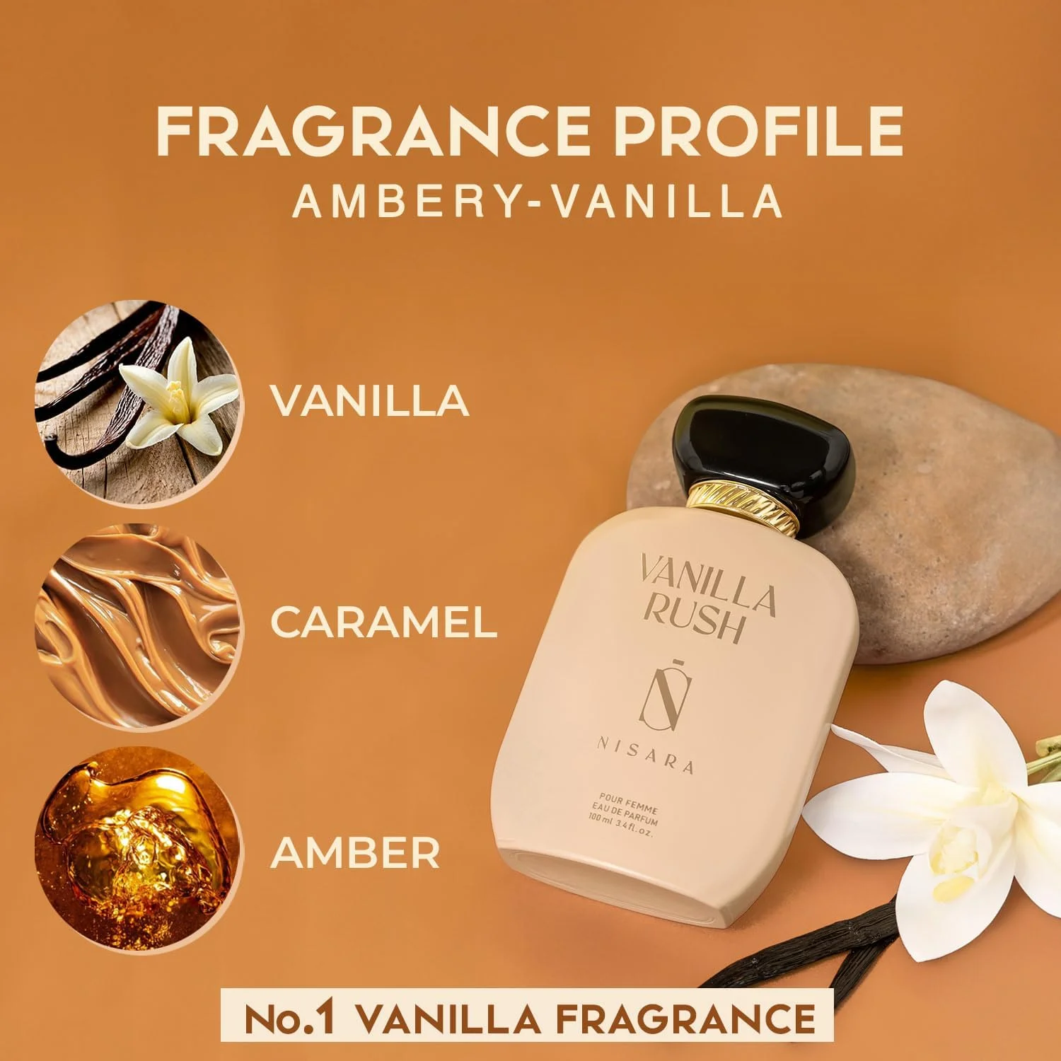 عطر زنانه گورمند نیسارا مدل Vanilla Rush حجم 100 میلی لیتر | ادو پرفیوم ماندگار | رایحه وانیلی کهربایی | ارکیده، گل های سفید، کارامل، عنبر، مشک، چوب، نعناع هندی | اسپری عطر EDP برای زنان