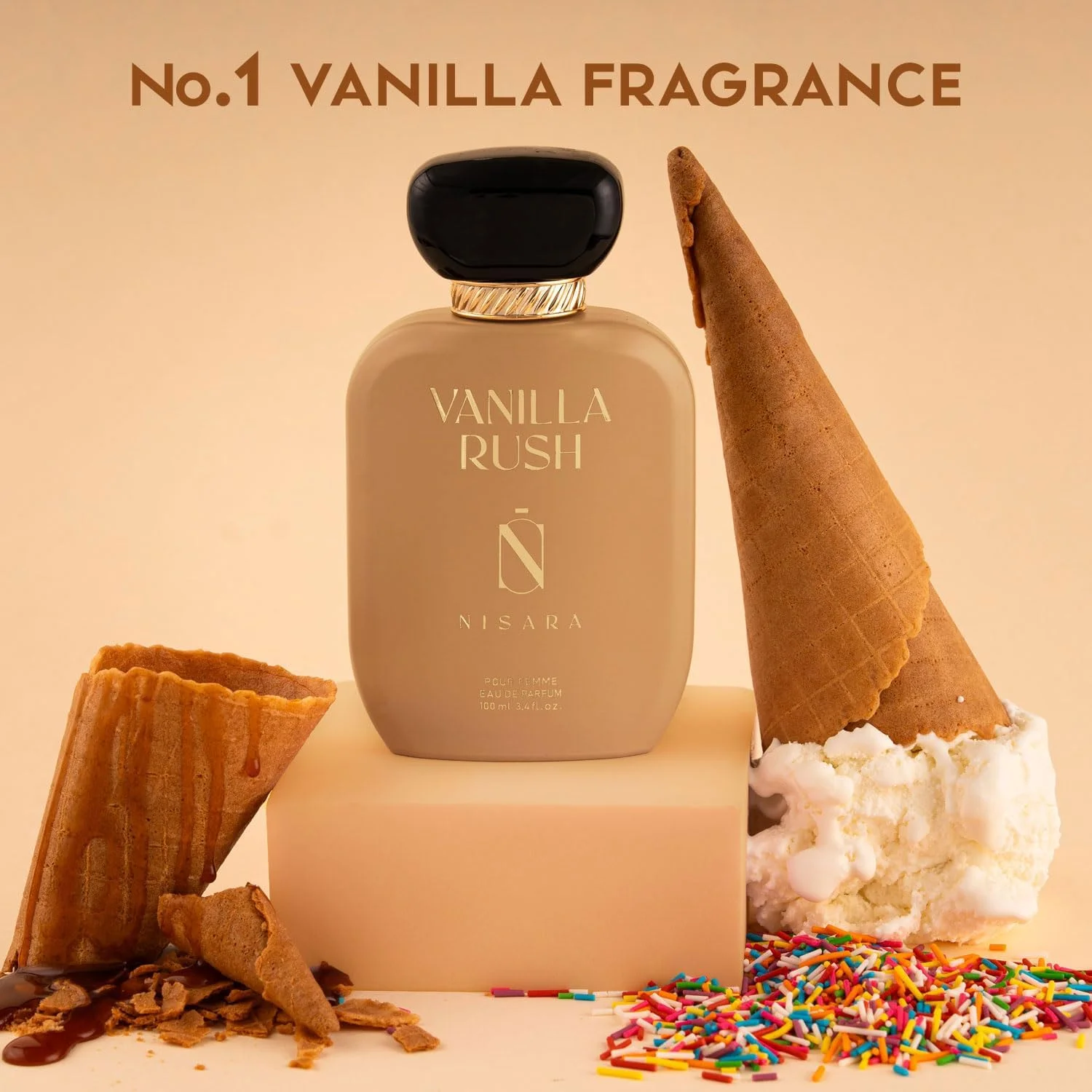 عطر زنانه گورمند نیسارا مدل Vanilla Rush حجم 100 میل | ادو پرفیوم ماندگار | رایحه وانیلی کهربایی | ارکیده، گل های سفید، کارامل، عنبر، مشک چوب، نعناع هندی | اسپری عطر EDP برای زنان
