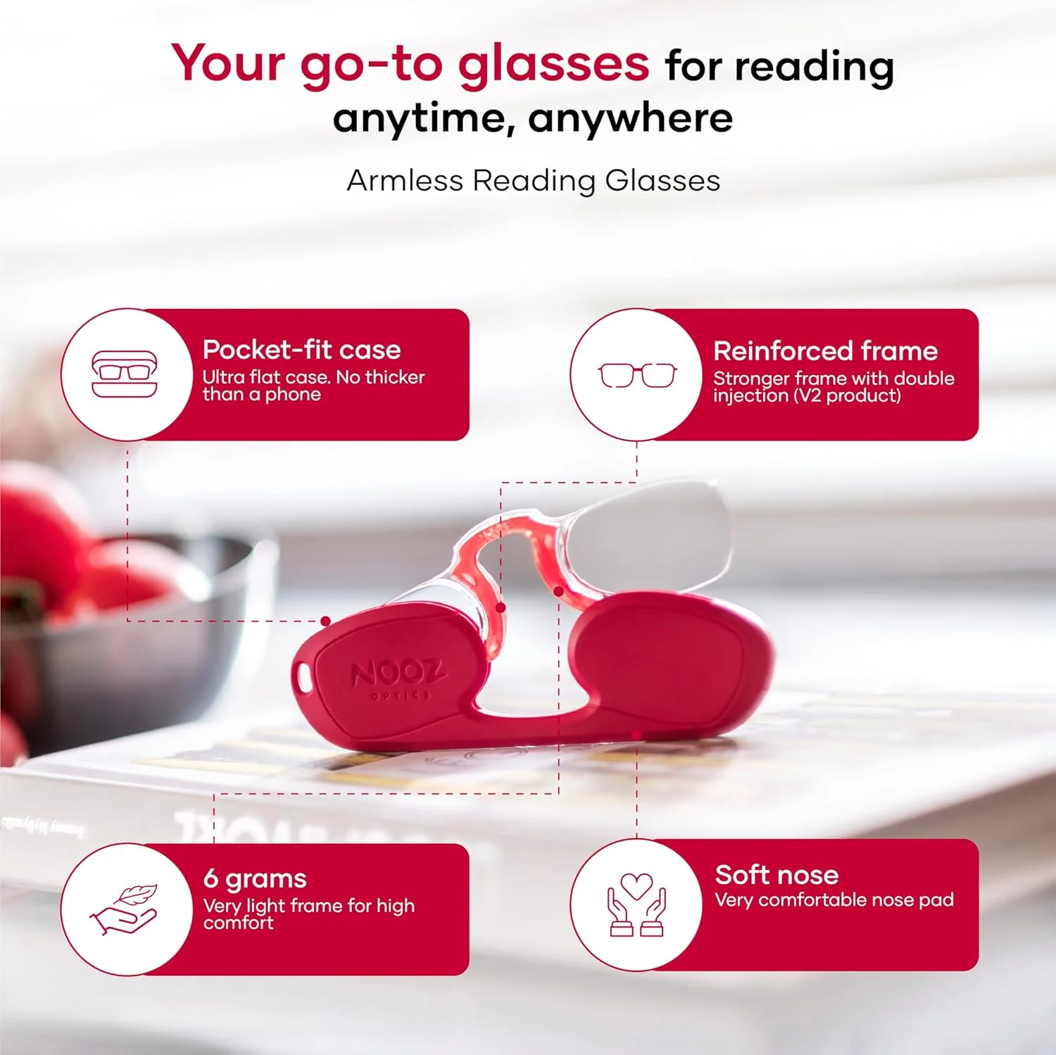 عینک مطالعه بدون دسته Nooz Optics - فرم بیضی - 6 رنگ و 5 نمره