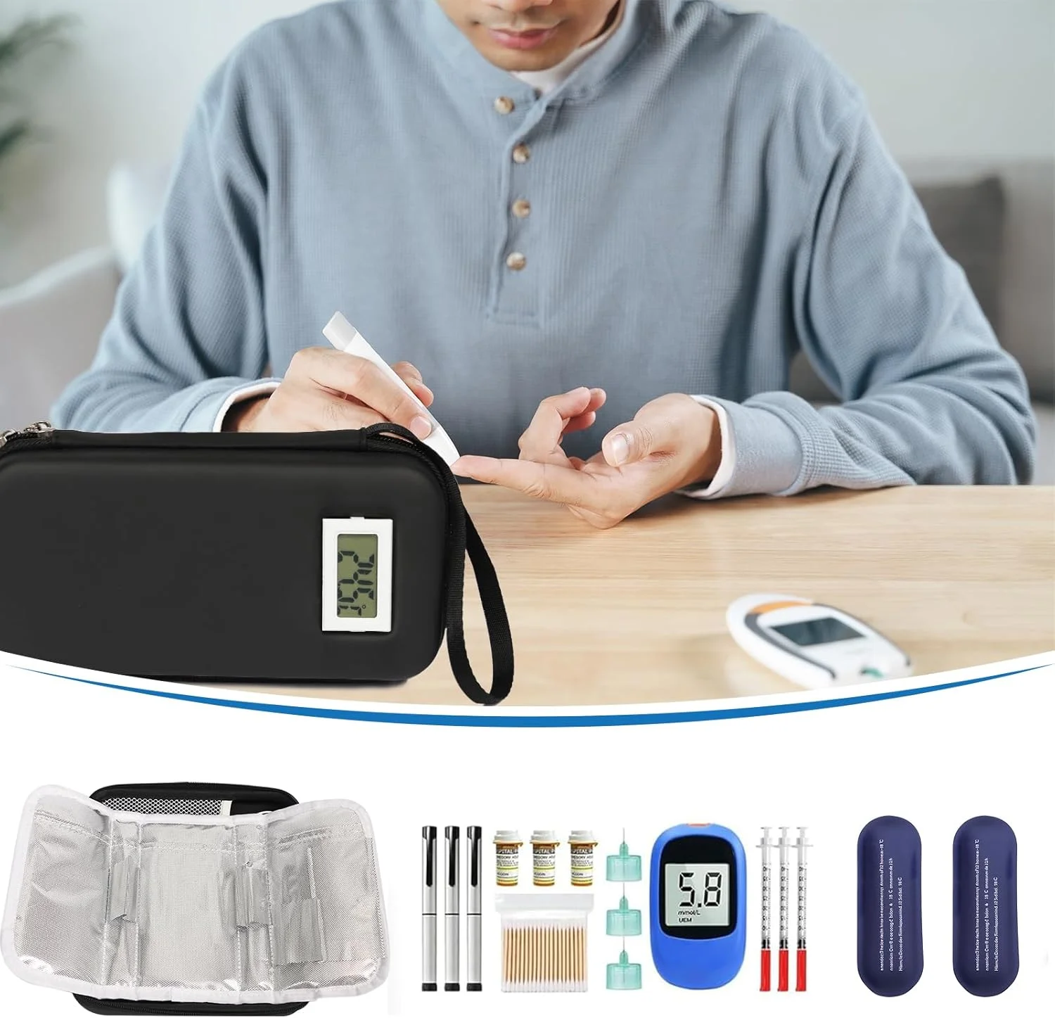 کیف خنک کننده انسولین Newthinking با نمایشگر دما، کیف قلم انسولین تزریقی با 2 بسته یخ، دارو را در حین سفر خنک نگه دارید