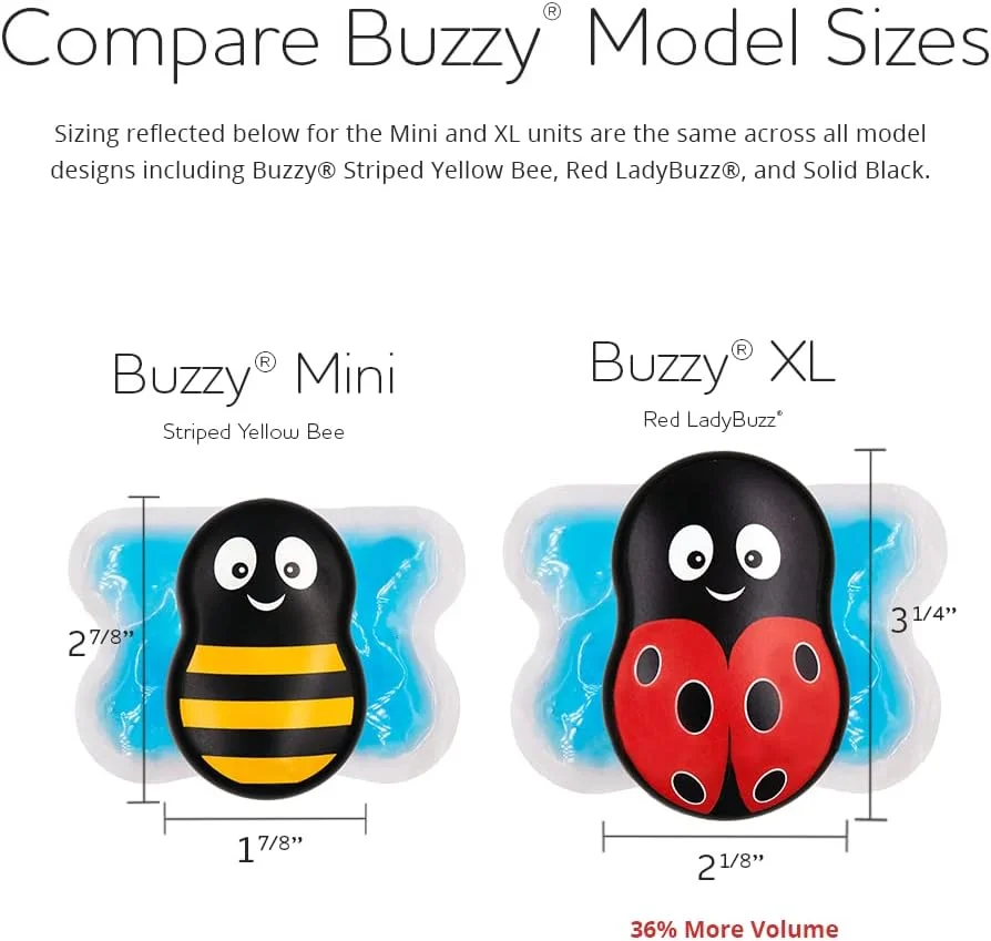 Buzzy® XL Healthcare مشکی | برای اقدامات اداری، نمونه‌گیری آزمایشگاهی، قرار دادن IV، تزریق IVF | استفاده حرفه‌ای و چند بیمار | گزینه‌های زنبور راه‌راه و LadyBuzz را ببینید