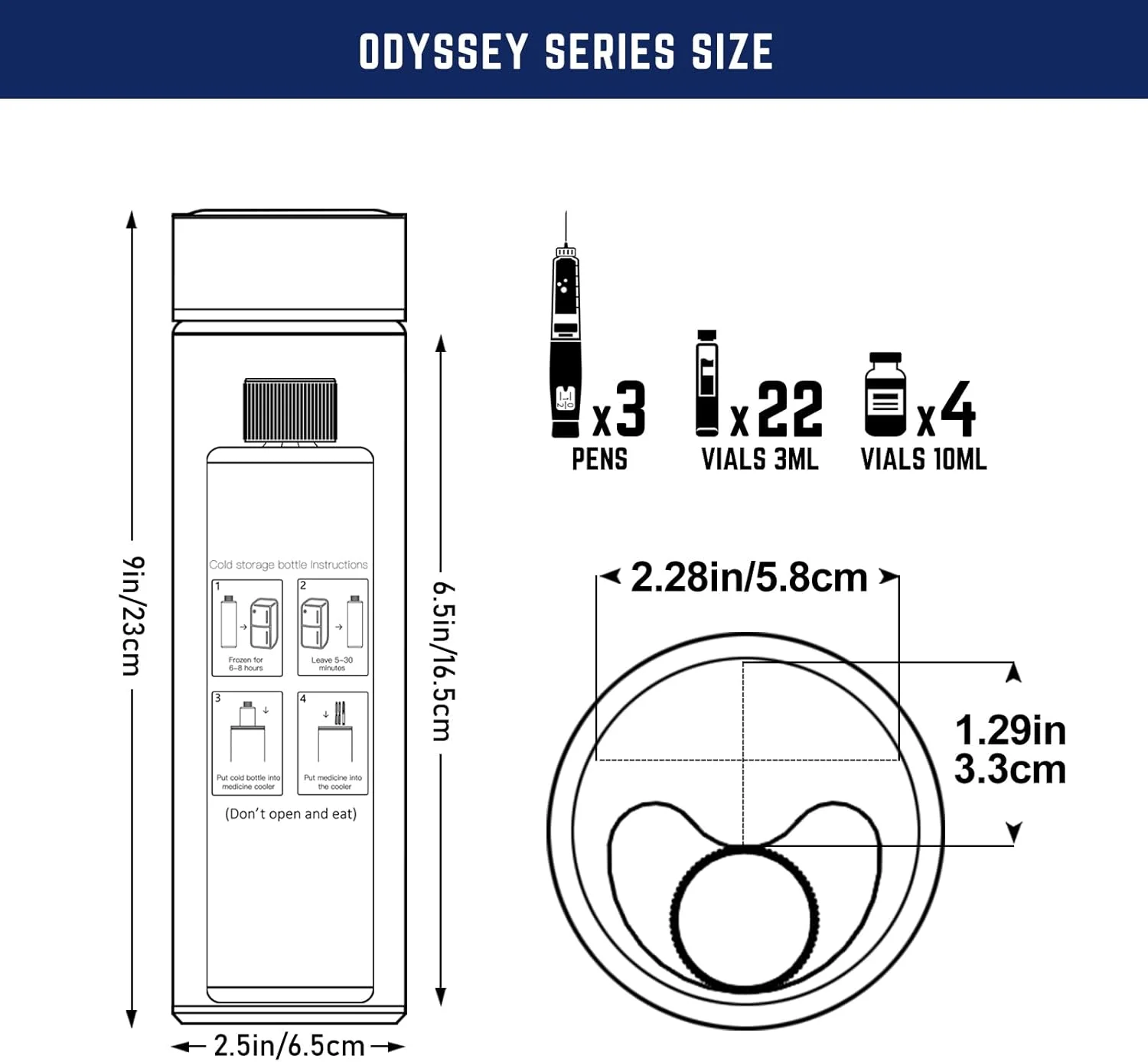 کیف خنک کننده دارو دیسونکر مدل Odyssey 60H مناسب برای 3 قلم – کیف خنک کننده مسافرتی قابل حمل دارو، مورد تایید TSA، همراه با بسته یخ بیوژل و برچسب های اطلاعات (آبی سرمه ای)