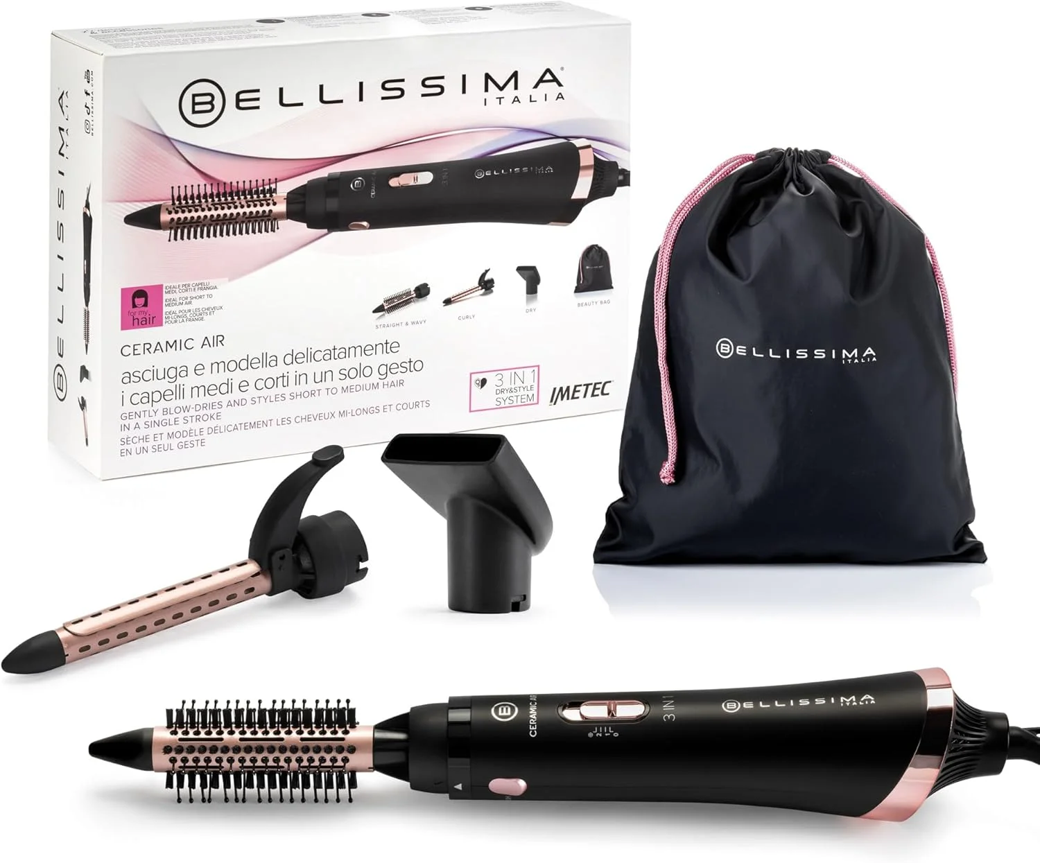 برس حرارتی سرامیکی Bellissima Ceramic Air - 3 در 1 - پوشش سرامیکی - برای موهای کوتاه و متوسط - خشک کردن، صاف کردن و حالت دادن، 3 سری - برس هوای گرم - 800 وات - تزریق هوای سرد