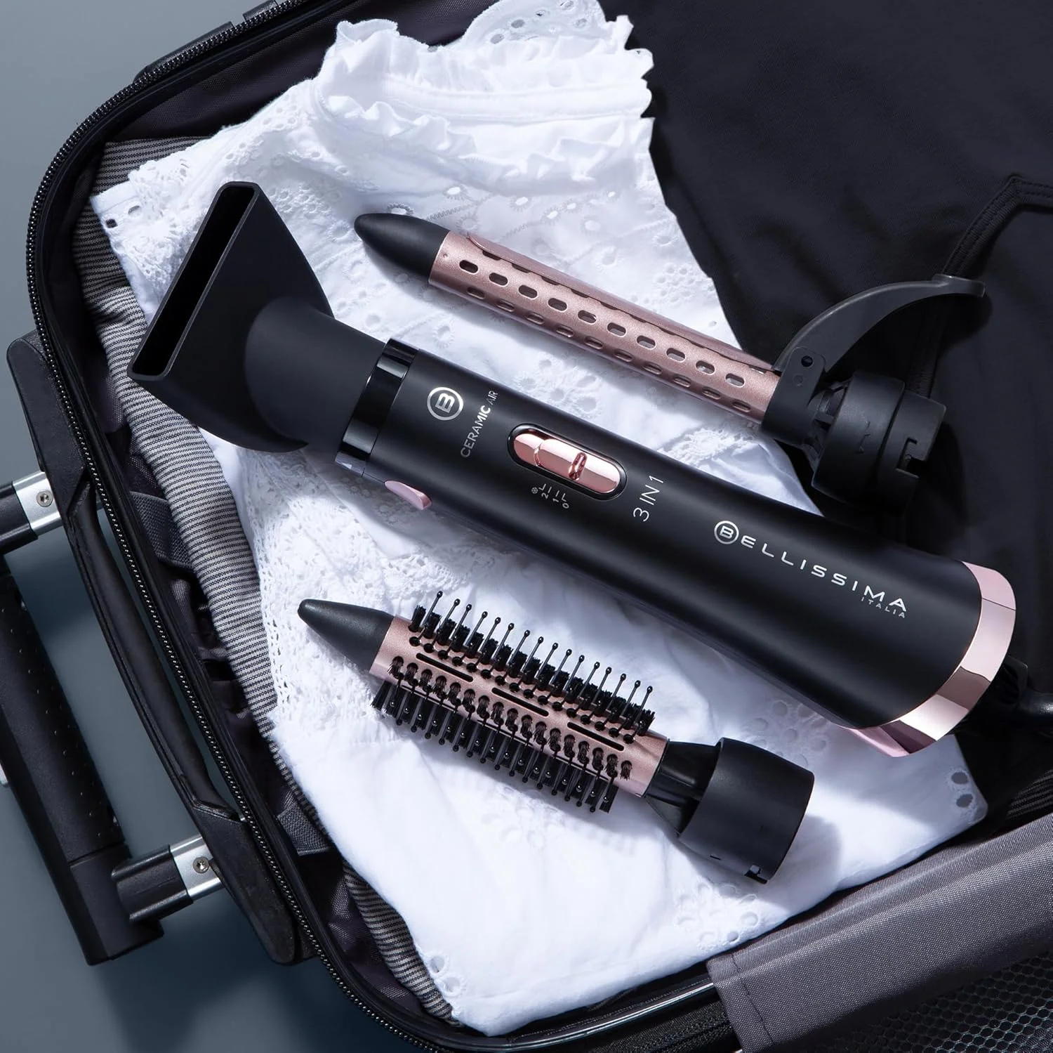 برس حرارتی سرامیکی 3 در 1 Bellissima Ceramic Air - پوشش سرامیکی - برای موهای کوتاه و متوسط - خشک کردن، صاف کردن و حالت دادن، 3 سری - برس هوای گرم - 800 وات - تزریق هوای سرد
