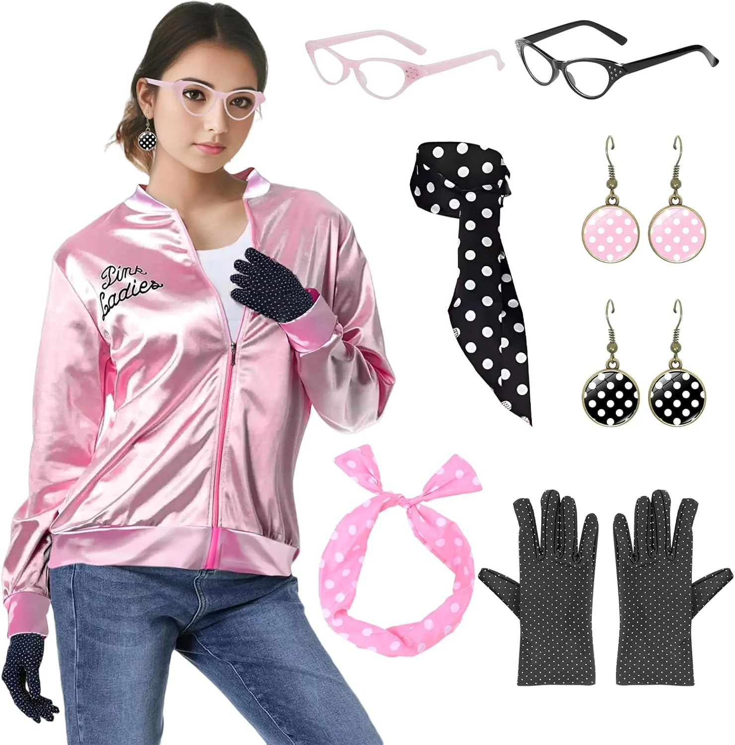 کت صورتی Suffolly مدل Pink Lady، لباس Pink Ladies Grease دهه 50 با لوازم جانبی شامل گوشواره، عینک، روسری، هدبند، ست لباس دهه 1950، لباس فانتزی برای زنان، مناسب هالووین و مهمانی مجردی