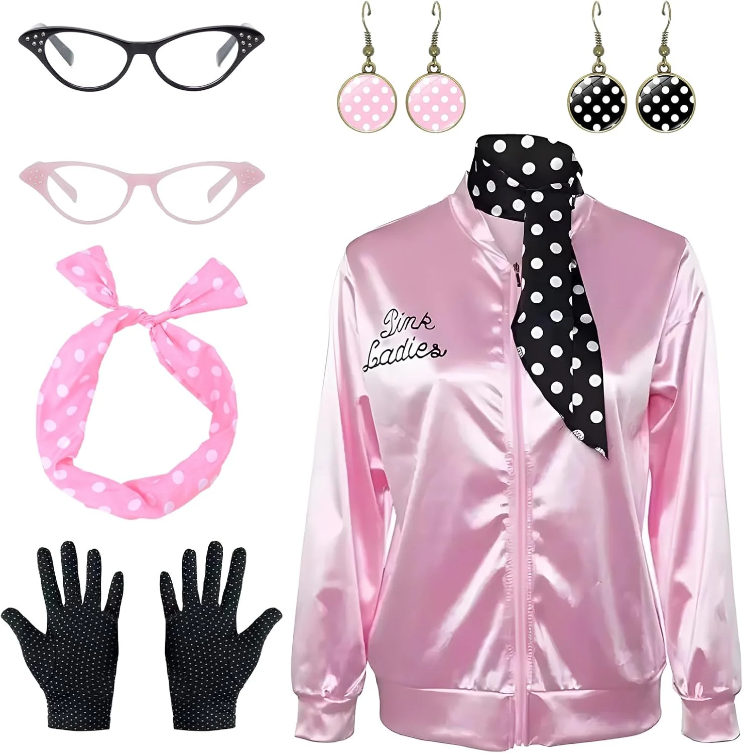 کت صورتی Suffolly مدل Pink Lady، لباس Pink Ladies Grease دهه 50 با لوازم جانبی شامل گوشواره، عینک، روسری، هدبند، ست لباس دهه 1950، لباس فانتزی برای زنان، مناسب هالووین و مهمانی مجردی کت صورتی Suffolly مدل Pink Lady، لباس Pink Ladies Grease دهه 50 با لوازم جانبی شامل گوشواره، عینک، روسری، هدبند، ست لباس دهه 1950، لباس فانتزی برای زنان، مناسب هالووین و مهمانی مجردی