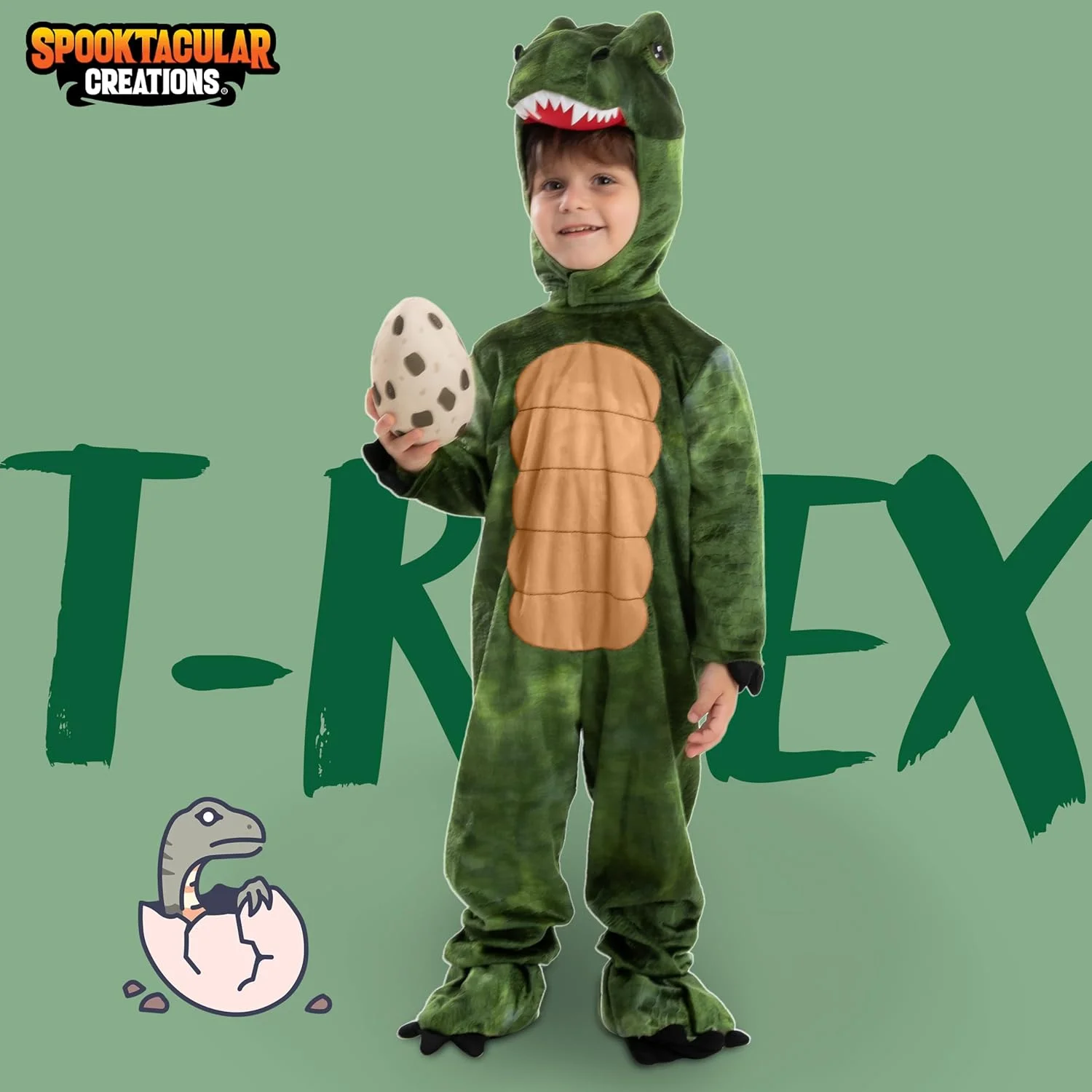 لباس تی‌رکس واقعی هالووین Spooktacular Creations، لباس دایناسور همراه با تخم دایناسور برای مهمانی کودکان و نوپا