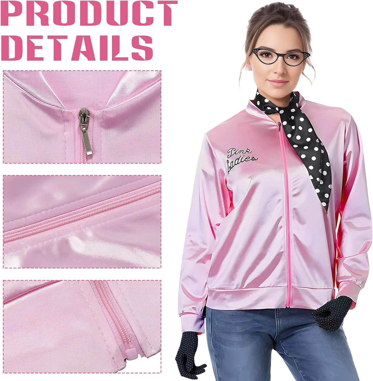 کت صورتی Suffolly مدل Pink Lady، لباس Pink Ladies Grease دهه 50 با لوازم جانبی شامل گوشواره، عینک، روسری، هدبند، ست لباس دهه 1950، لباس فانتزی برای زنان، مناسب هالووین و مهمانی مجردی کت صورتی Suffolly مدل Pink Lady، لباس Pink Ladies Grease دهه 50 با لوازم جانبی شامل گوشواره، عینک، روسری، هدبند، ست لباس دهه 1950، لباس فانتزی برای زنان، مناسب هالووین و مهمانی مجردی