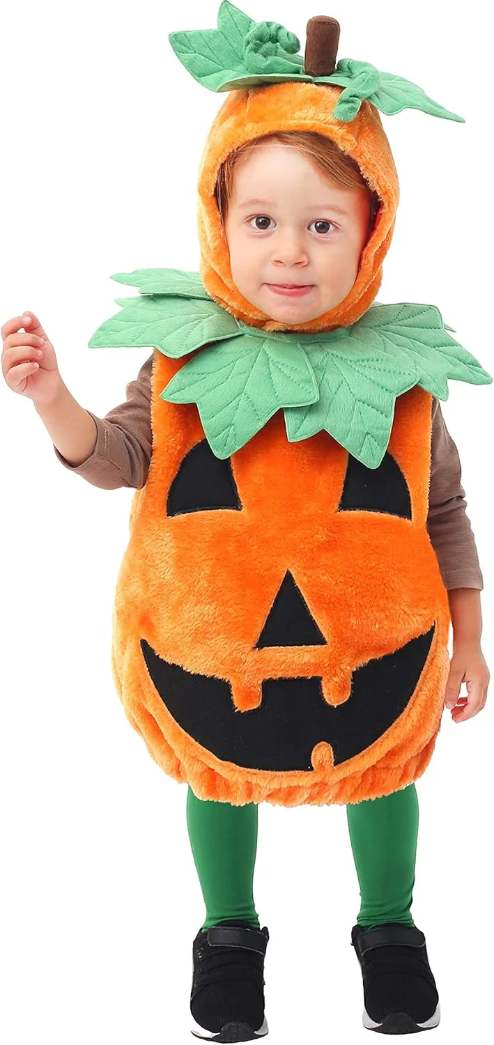 لباس هالووین بچه گانه طرح کدو تنبل Spooktacular Creations با برگ های سبز برای مهمانی هالووین کودکان نوپا