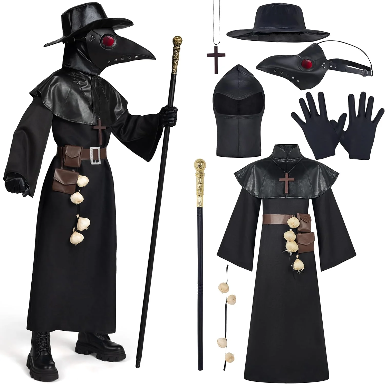 ست لباس دکتر مرگ سیاه Spooktacular Creations 10 در 1 شامل ماسک نوک دار هالووین، لباس دکتر طاعون برای کودکان