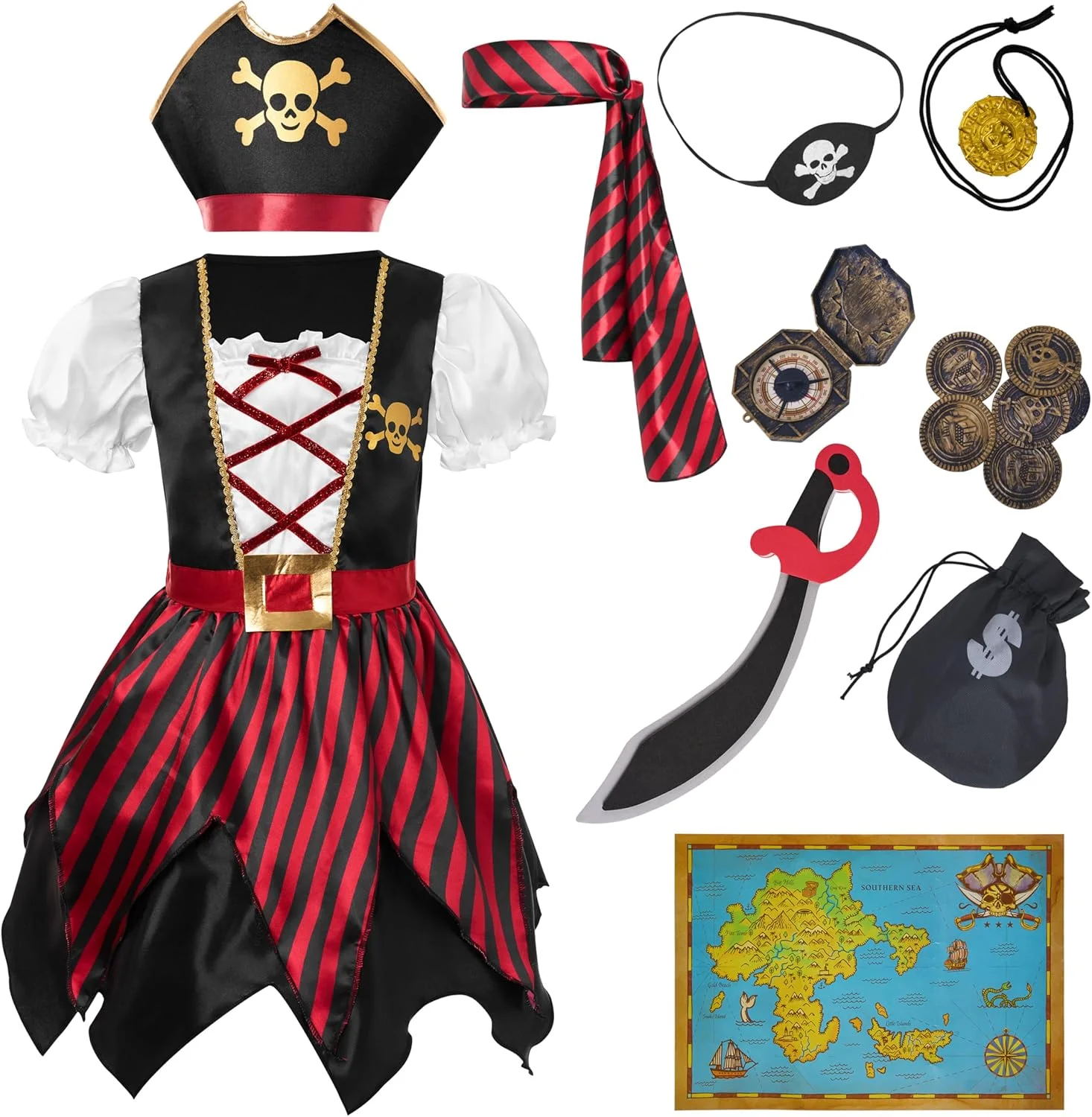 لباس دزد دریایی بچه گانه Spooktacular Creations، لباس شاهزاده خانم بوکانیر برای مهمانی با تم هالووین دخترانه و ایفای نقش