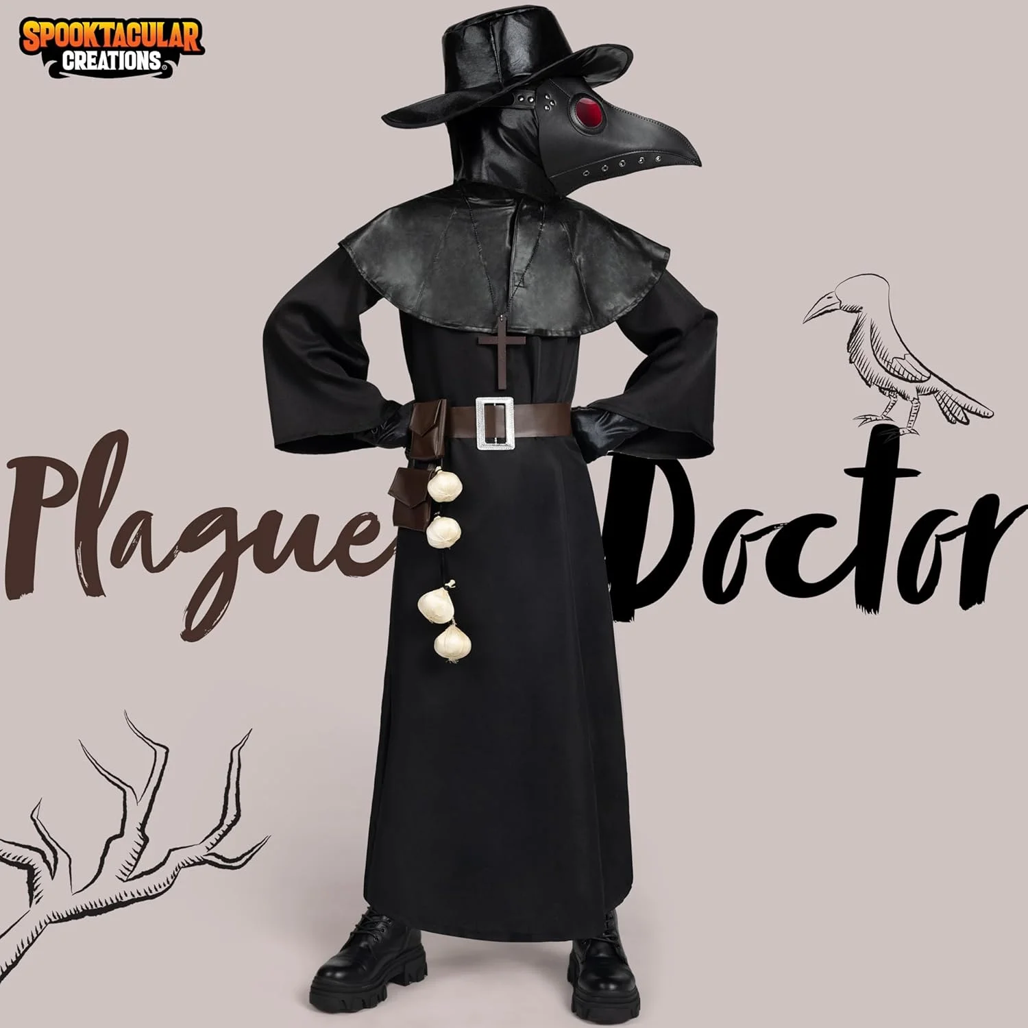 ست لباس دکتر مرگ سیاه Spooktacular Creations 10 در 1 شامل ماسک نوک دار هالووین، لباس دکتر طاعون برای کودکان ست لباس دکتر مرگ سیاه Spooktacular Creations 10 در 1 شامل ماسک نوک دار هالووین، لباس دکتر طاعون برای کودکان
