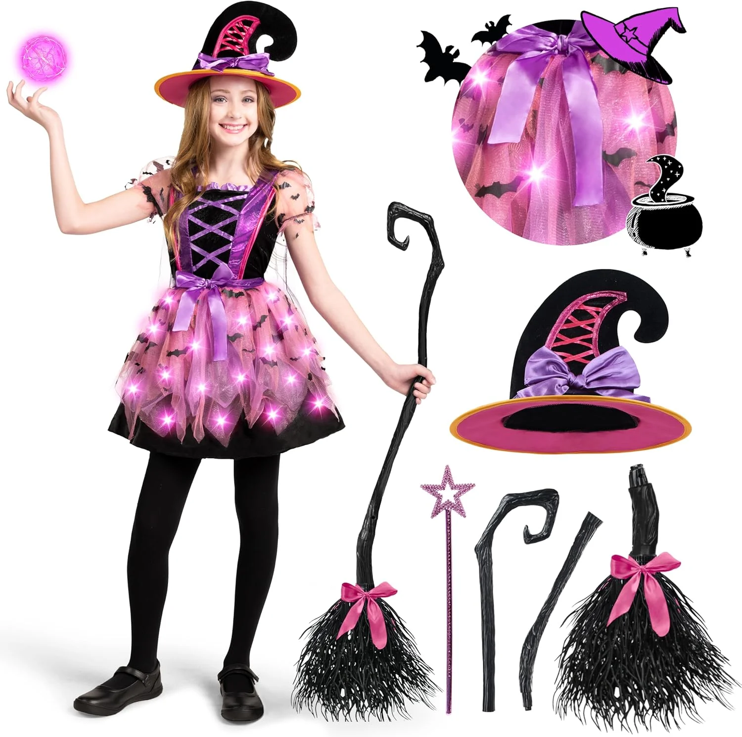 لباس جادوگر نورانی دخترانه Spooktacular Creations، لباس جادوگر بچه گانه با کلاه و جارو برای مهمانی هالووین کودکان نوپا