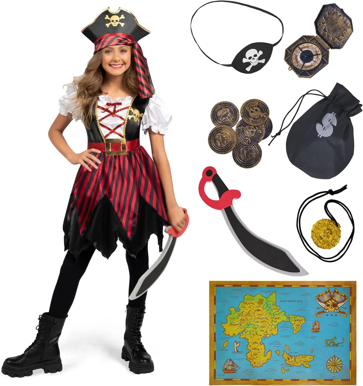 لباس دزد دریایی بچه گانه Spooktacular Creations، لباس شاهزاده خانم بوکانیر برای مهمانی با تم هالووین دخترانه و ایفای نقش