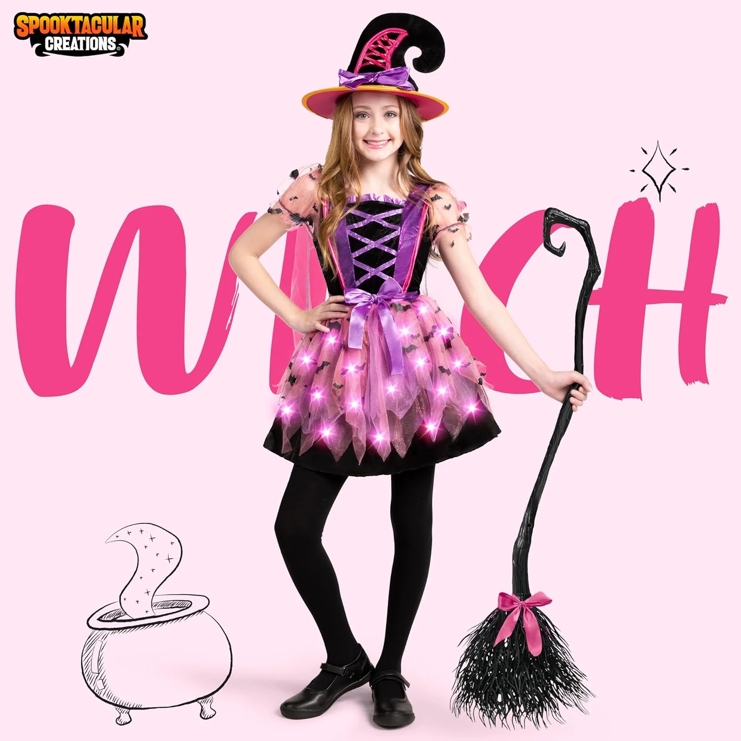 لباس جادوگر نورانی دخترانه Spooktacular Creations، لباس جادوگر بچه گانه با کلاه و جارو برای مهمانی هالووین کودکان نوپا