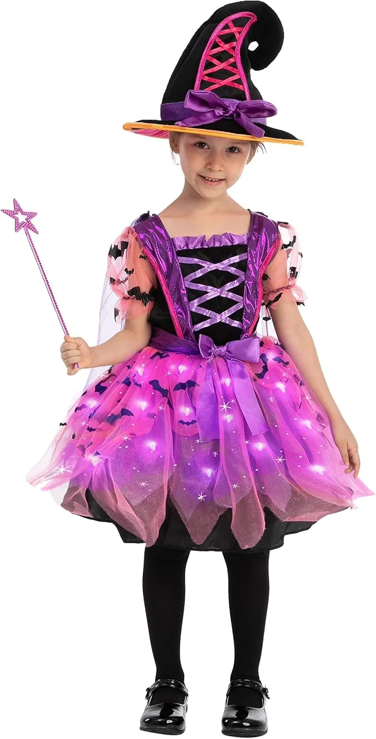 لباس جادوگر نورانی دخترانه Spooktacular Creations، لباس جادوگر بچه گانه با کلاه و جارو برای مهمانی هالووین کودکان نوپا