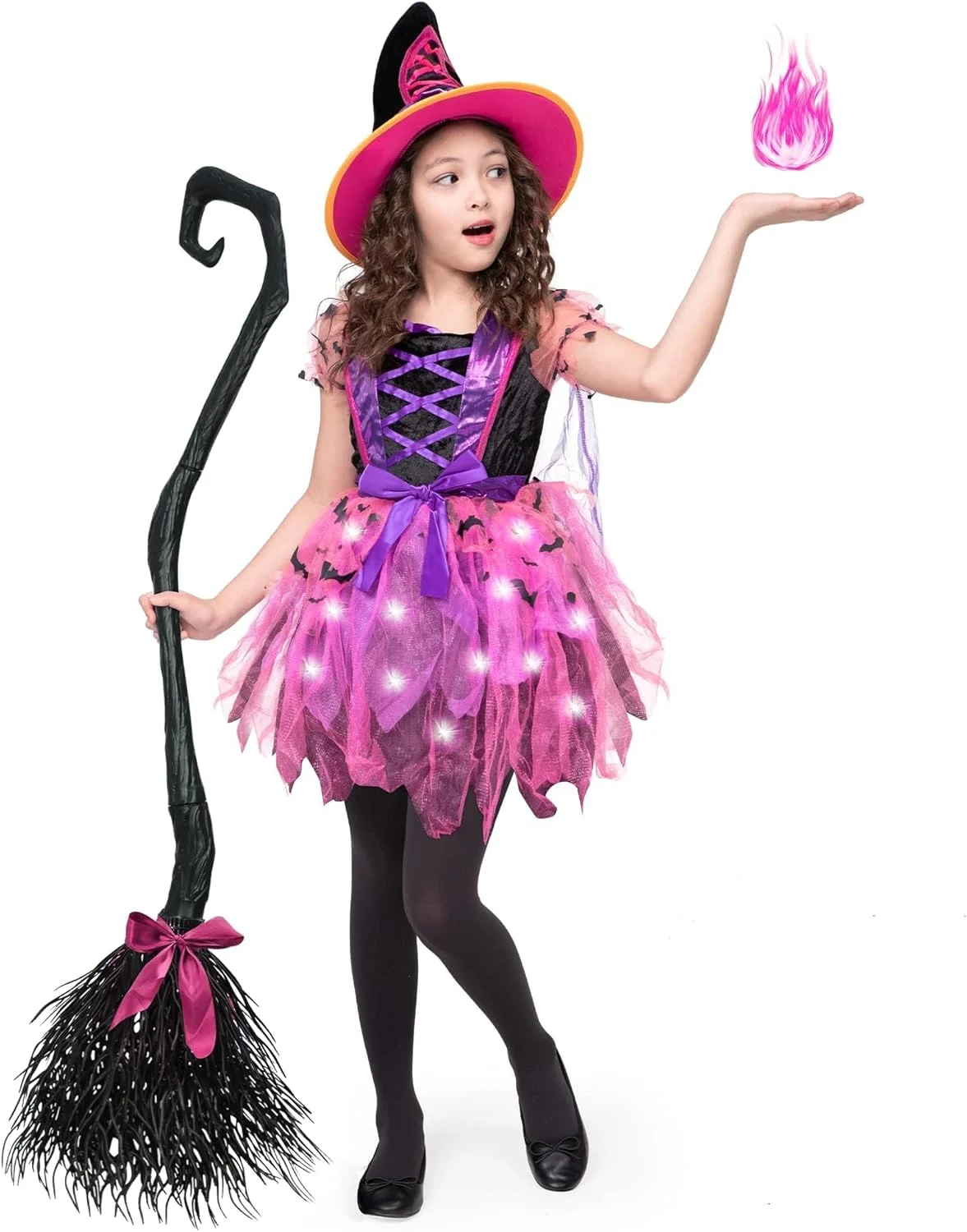 لباس جادوگر نورانی دخترانه Spooktacular Creations، لباس جادوگر بچه گانه با کلاه و جارو برای مهمانی هالووین کودکان نوپا