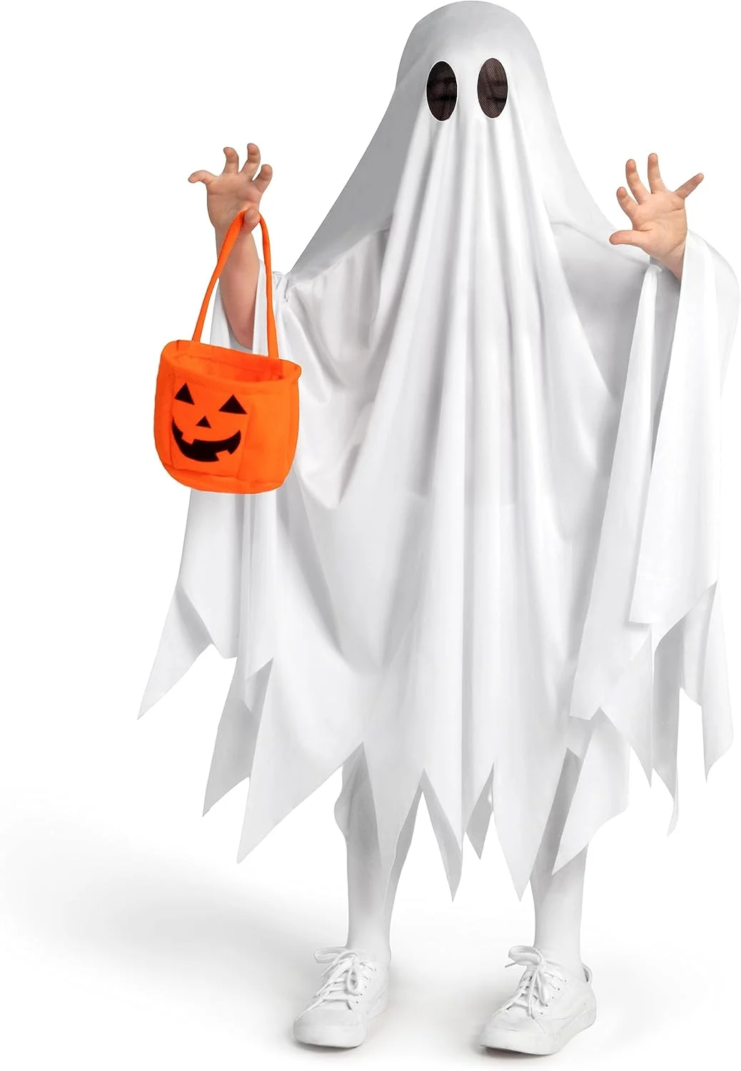 لباس شبح کودکانه Spooktacular Creations، لباس هالووین شبح، لباس شبح ساکت سفید با کیف کدو تنبل