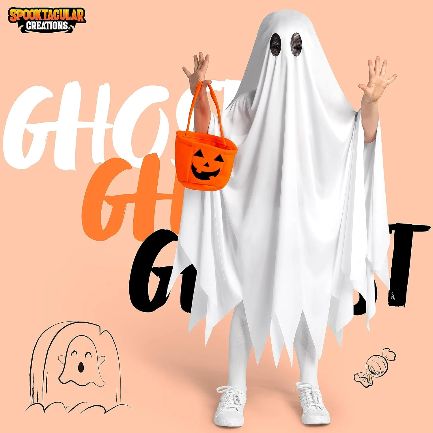لباس شبح کودکانه Spooktacular Creations، لباس هالووین شبح، لباس شبح ساکت سفید با کیف کدو تنبل