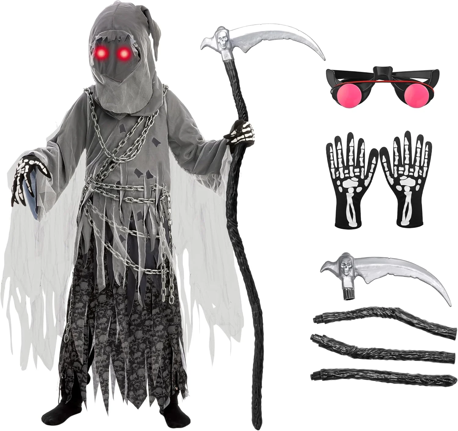 لباس شبح وار کودکانه унисекс Grim Reaper، لباس هالووین با چشمان قرمز درخشان برای بچه ها