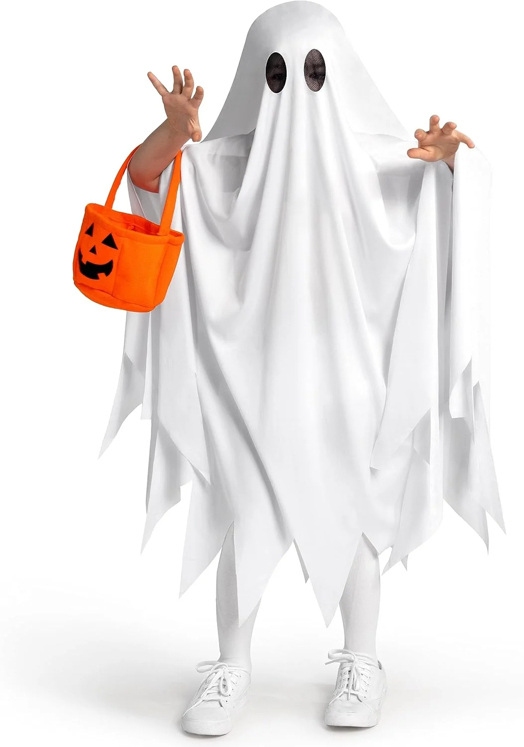 لباس شبح کودکانه Spooktacular Creations، لباس هالووین شبح، لباس شبح ساکت سفید با کیف کدو تنبل