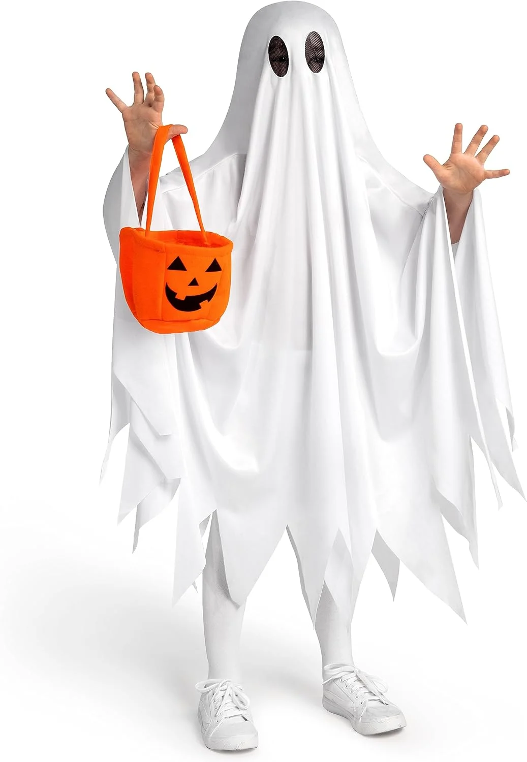 لباس شبح کودکانه Spooktacular Creations، لباس هالووین شبح، لباس شبح ساکت سفید با کیف کدو تنبل