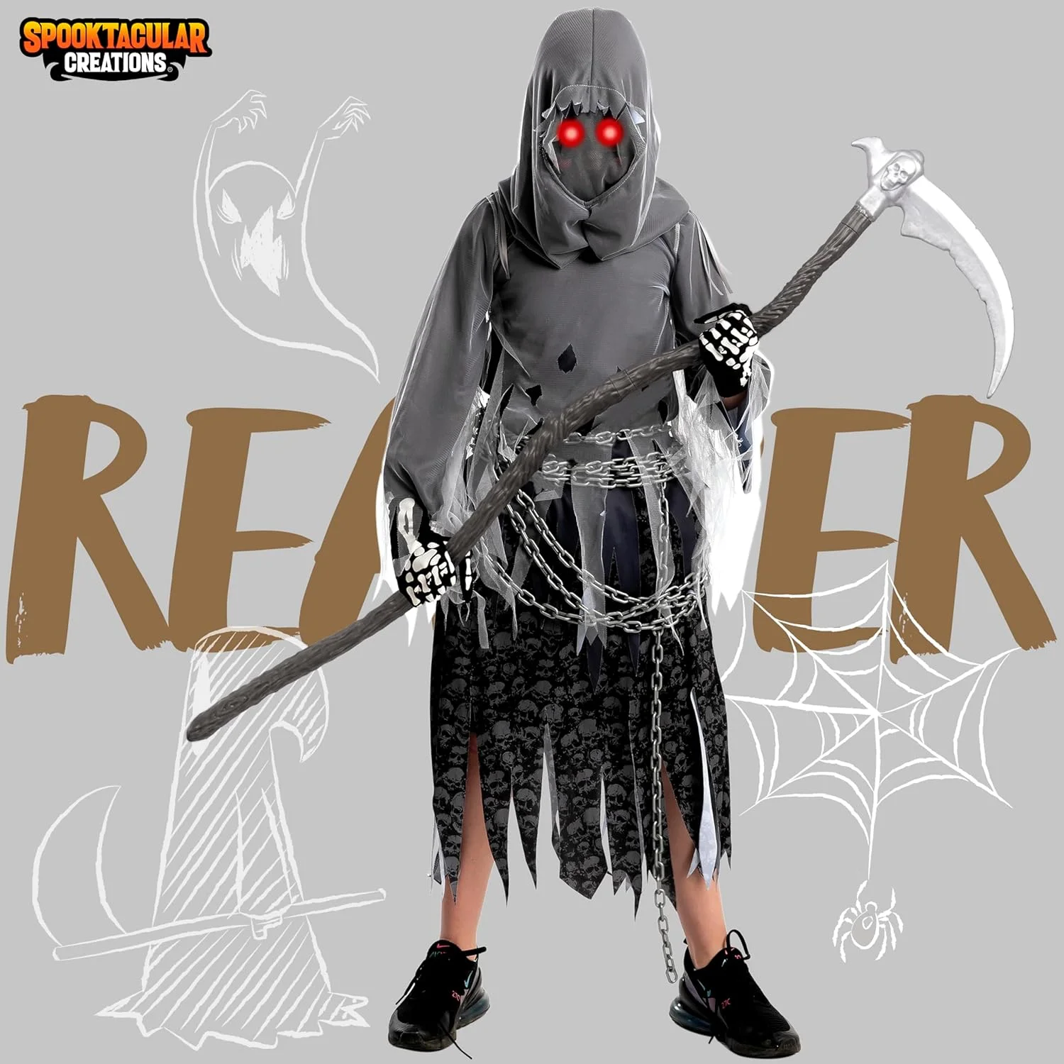 لباس شبح وار کودکانه унисекс Grim Reaper، لباس هالووین با چشمان قرمز درخشان برای بچه ها