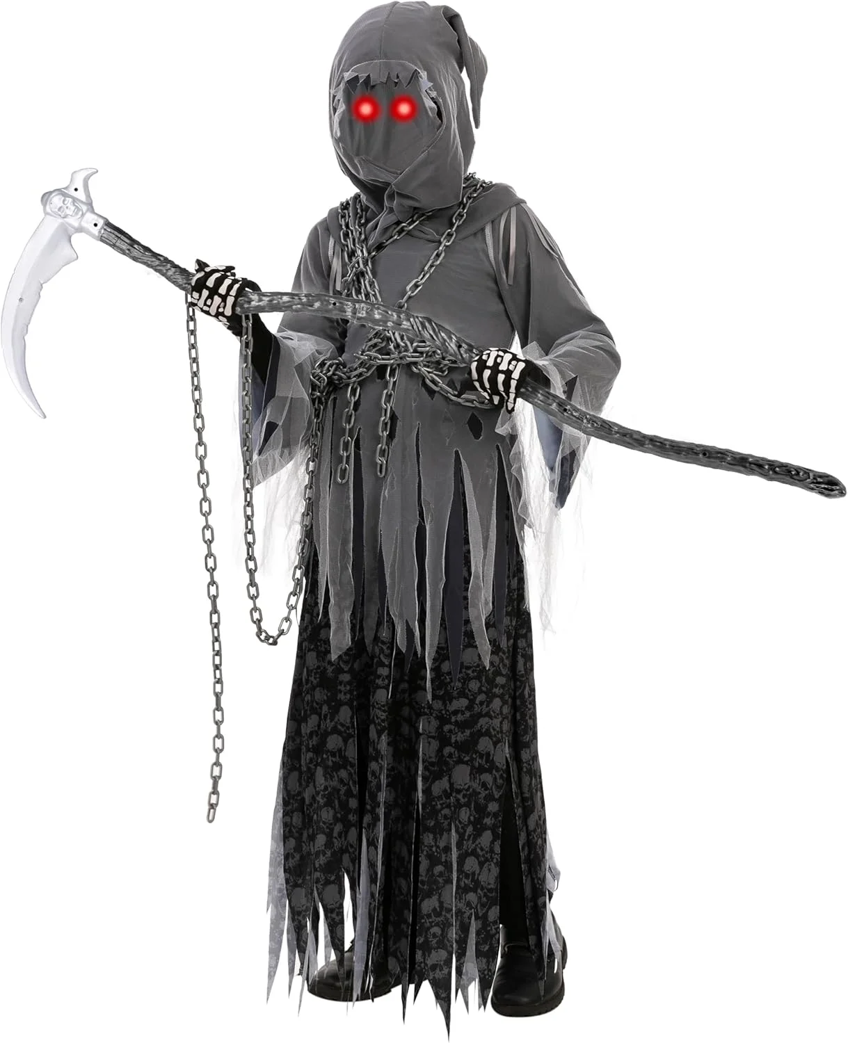 لباس شبح وار کودکانه унисекс Grim Reaper، لباس هالووین با چشمان قرمز درخشان برای بچه ها