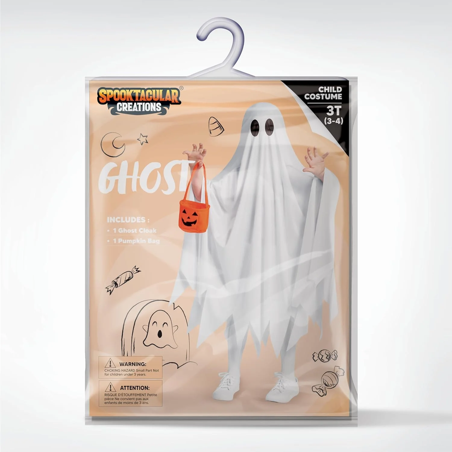 لباس شبح کودکانه Spooktacular Creations، لباس هالووین شبح، لباس شبح ساکت سفید با کیف کدو تنبل