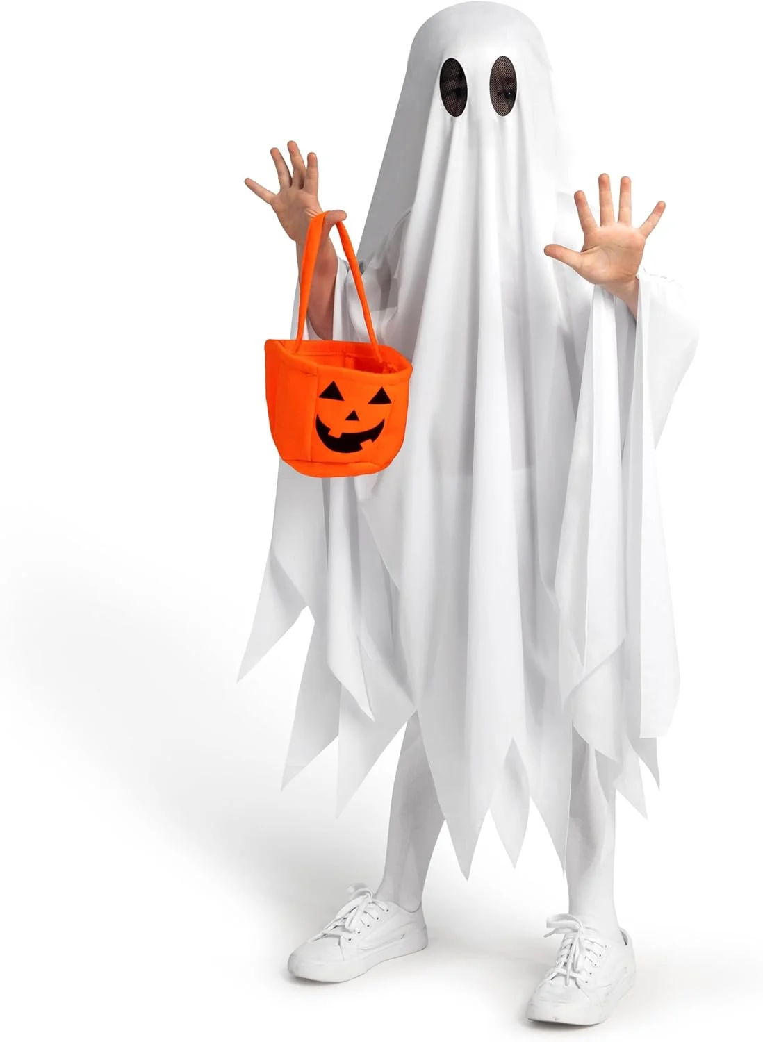لباس شبح کودکانه Spooktacular Creations، لباس هالووین شبح، لباس شبح ساکت سفید با کیف کدو تنبل