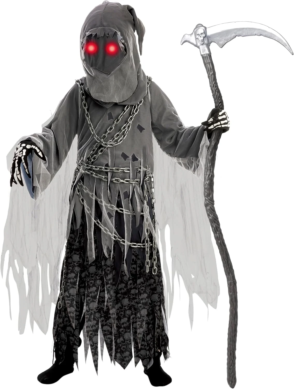 لباس شبح وار کودکانه унисекс Grim Reaper، لباس هالووین با چشمان قرمز درخشان برای بچه ها