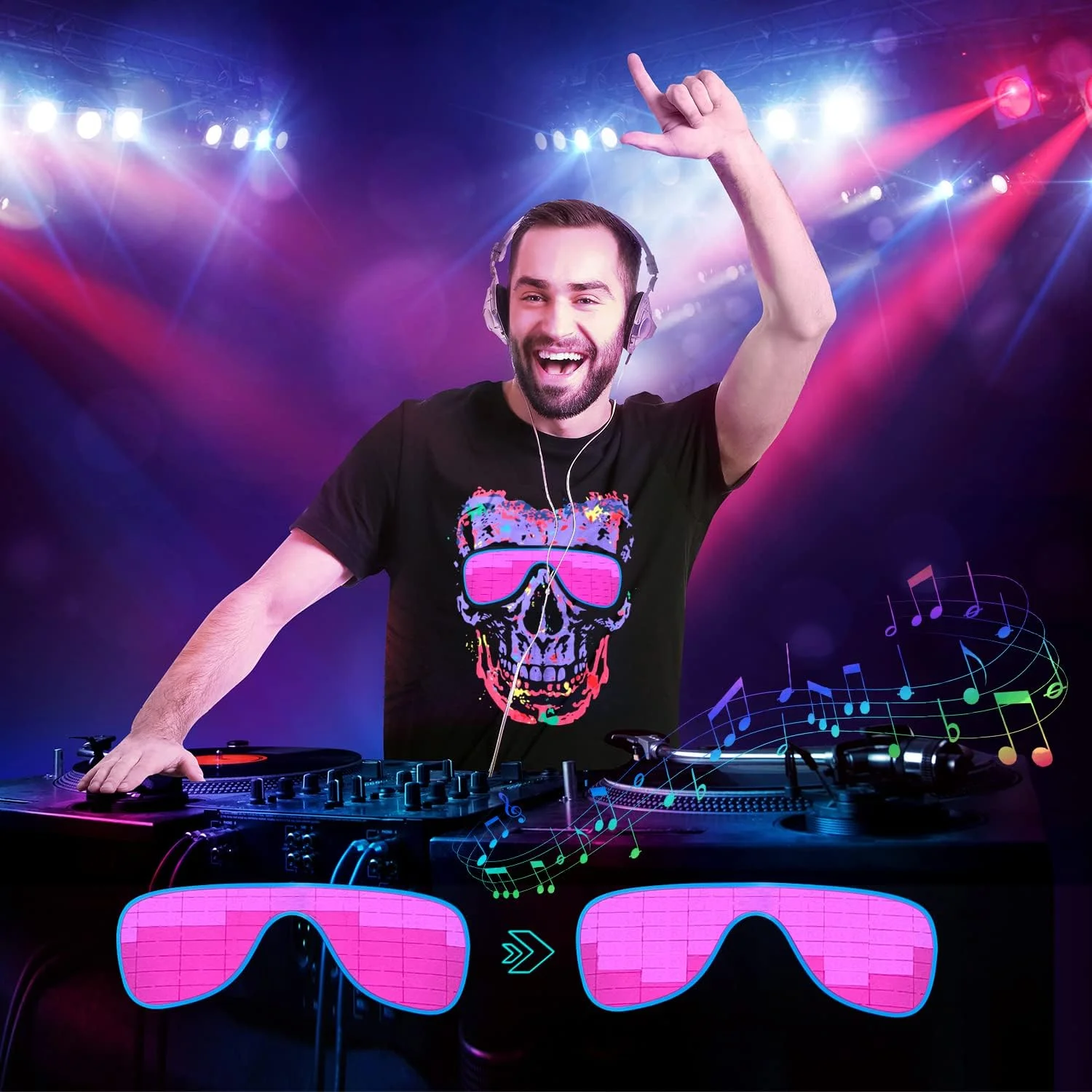 تی شرت LED اکولایزر فعال شونده با صدا SOOOEC مناسب هالووین، مهمانی EDM، هیپ هاپ، کنسرت، لباس مهمانی، تولد، هدیه دی جی - مشکی
